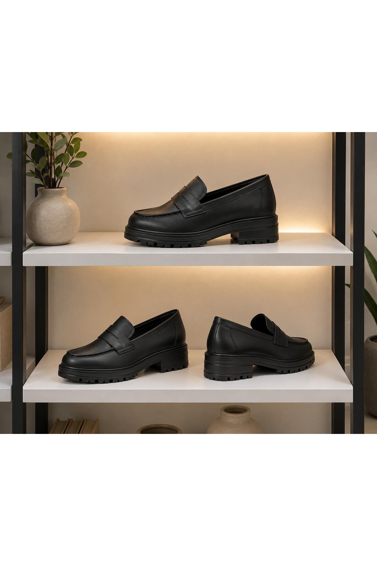 Zenora Shoes Kadın Loafer Makosen Siyah Cilt Kalın Tabanlı Ayakkabı görsel 3