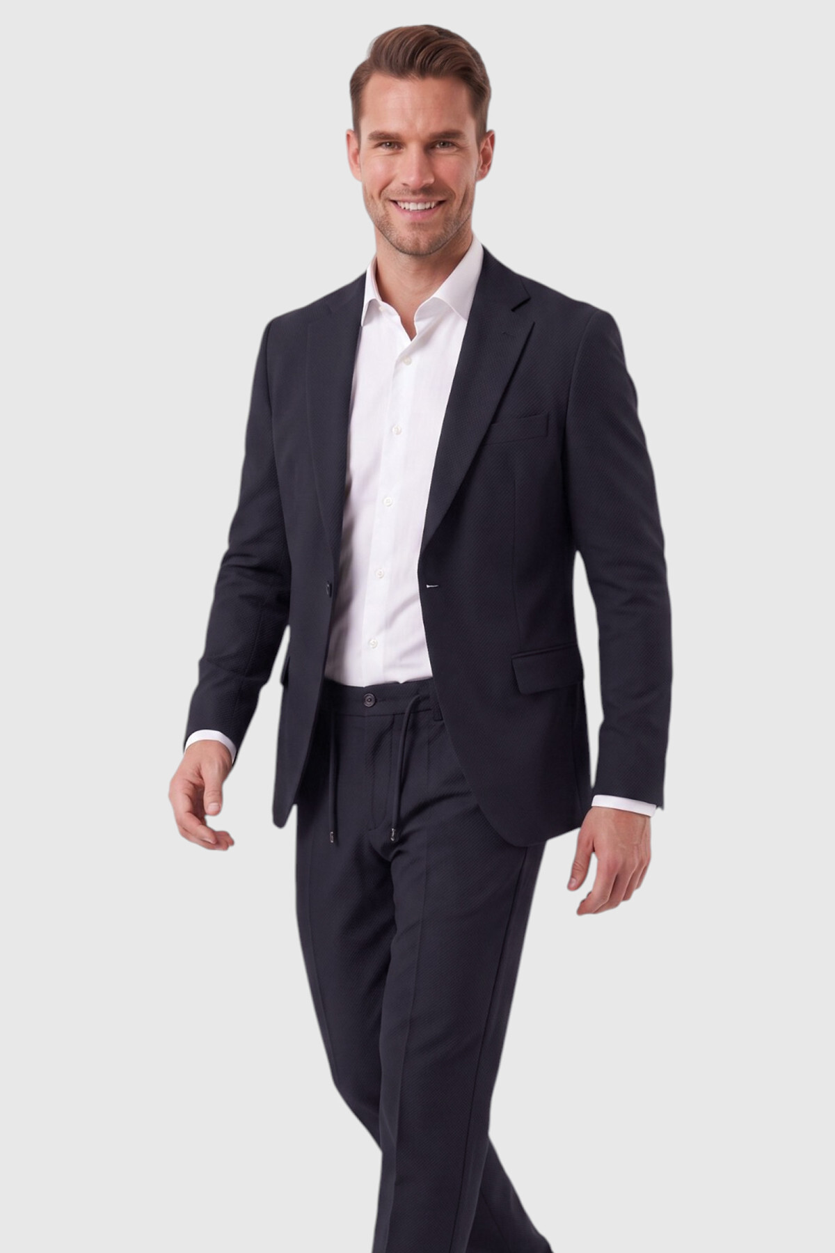 Erkek Lacivert Slim Fit Likralı Gofre Kumaş Takım Elbise İpli Lastikli Pantolon 2602326 — سرمه‌ای OWEEY2602326 — تصویر 4 از 7