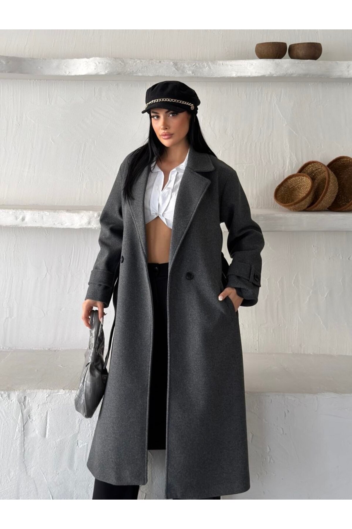 DENİKK TREND KADIN KRUVAZE PREMIUM KAŞE TRENÇKOT KABAN-Trendy Women's Double-Breasted Wool-Blend Winter Coat görsel 2