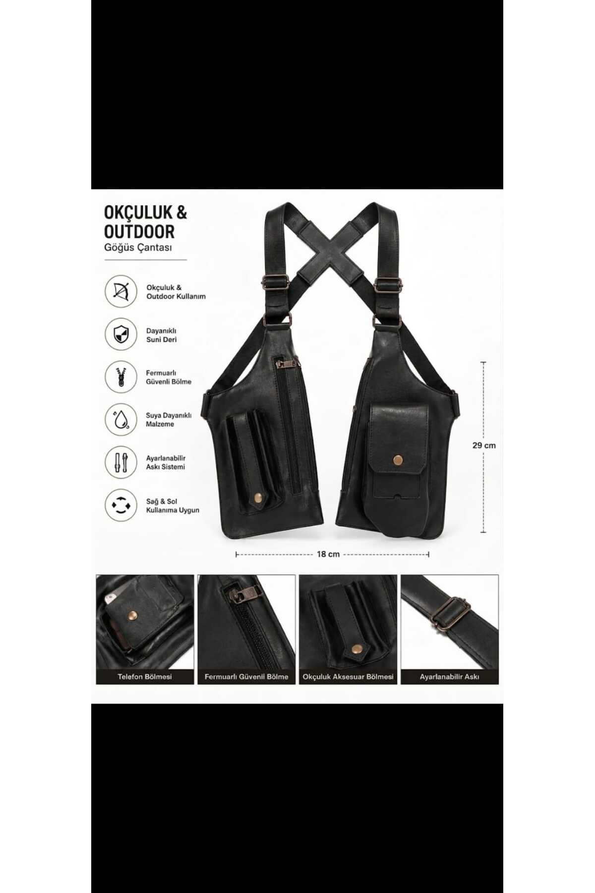 CERFF LEATHER CLUP Erkek Siyah Vegan Deri Çapraz Askılı Çok Cepli Harness Göğüs Çantası
