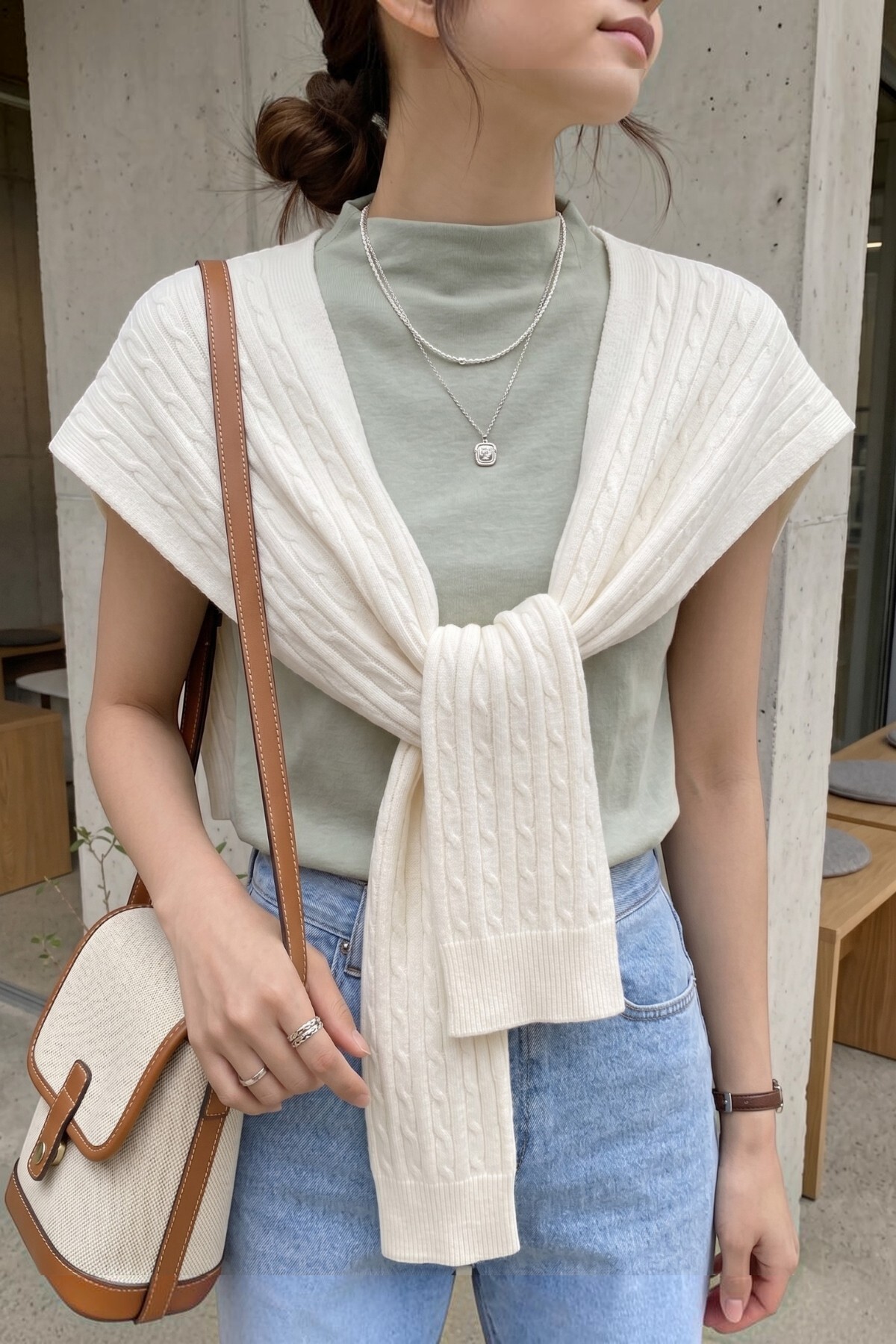 Moibody %100 Akrilik Triko Örme Ofis ve Günlük Moda Omuz Şalı Saç Örgü Ekru görsel 3