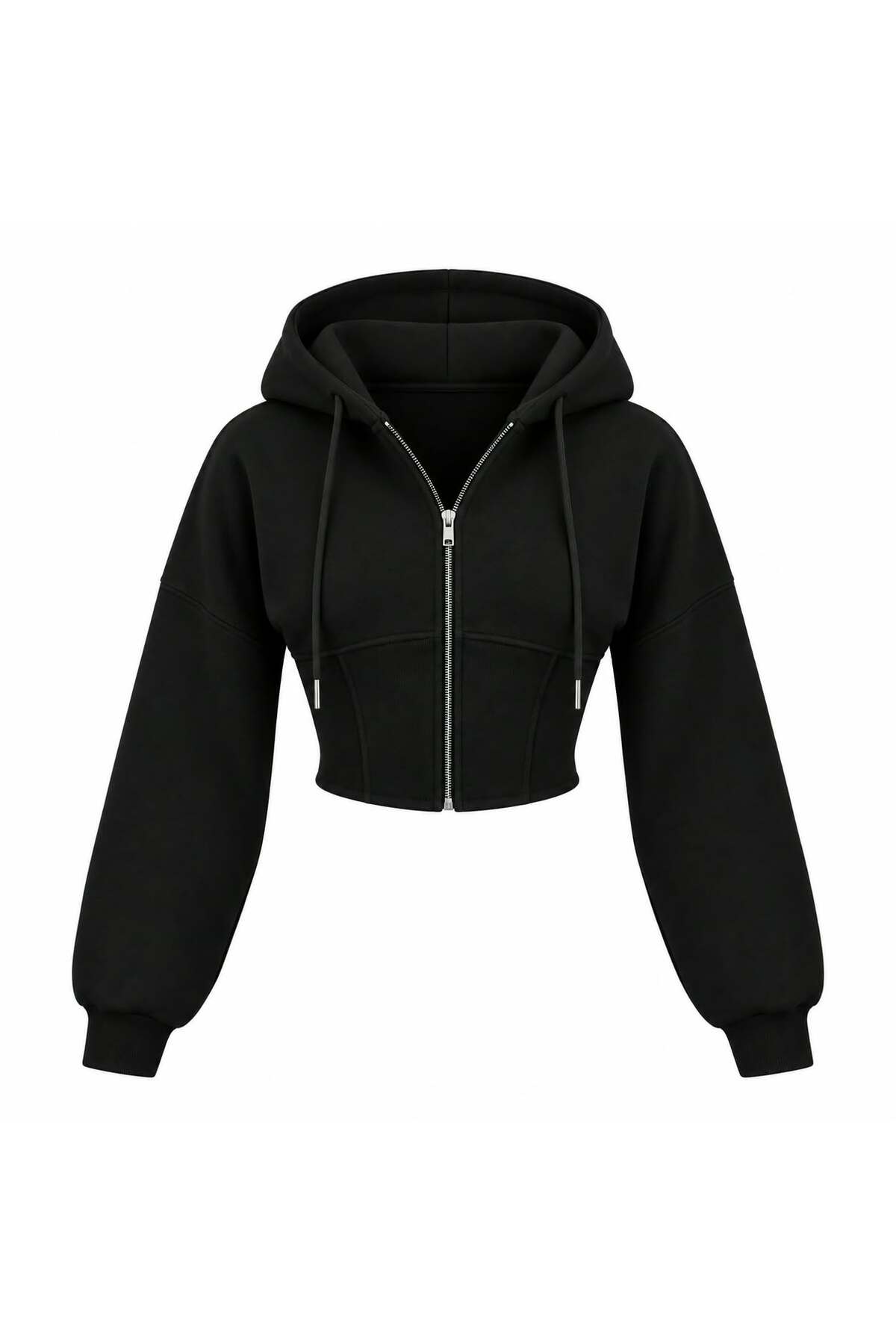 EVOA Kadın Siyah Oversize Kol Kapüşonlu Crop Hırka