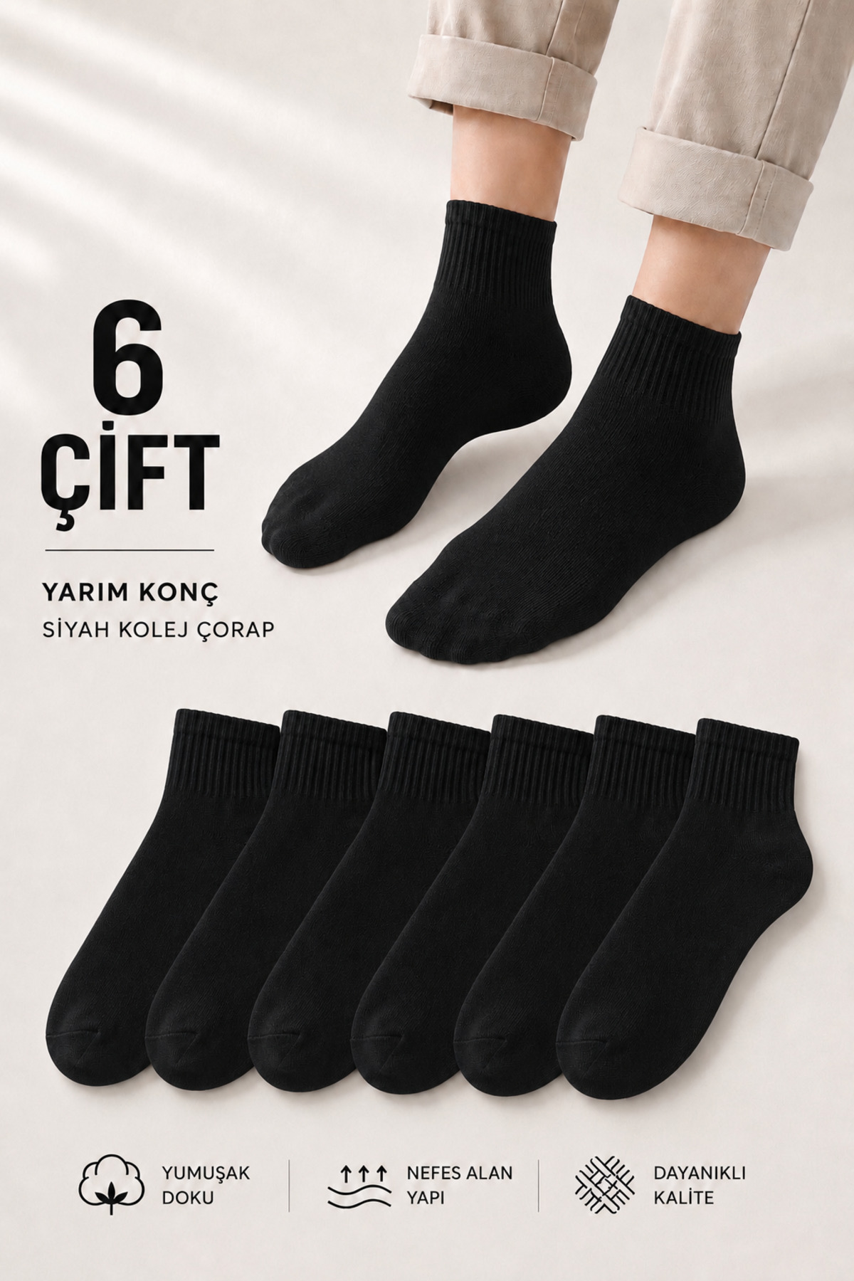DEMAS ÇORAP 6 Çift Siyah Yarım Konç Kolej Çorabı Unisex Pamuklu Günlük Spor Çorap