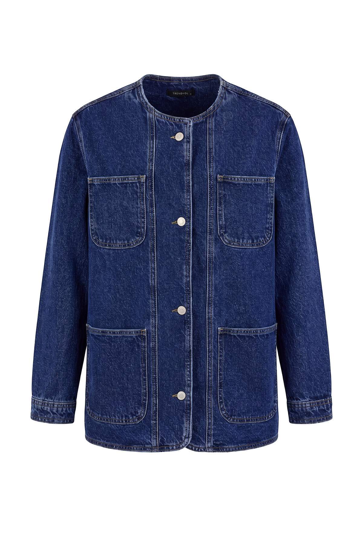 Trendyolmilla Koyu Mavi Bisiklet Yaka Oversize Denim Ceket TWOAW27CE00031