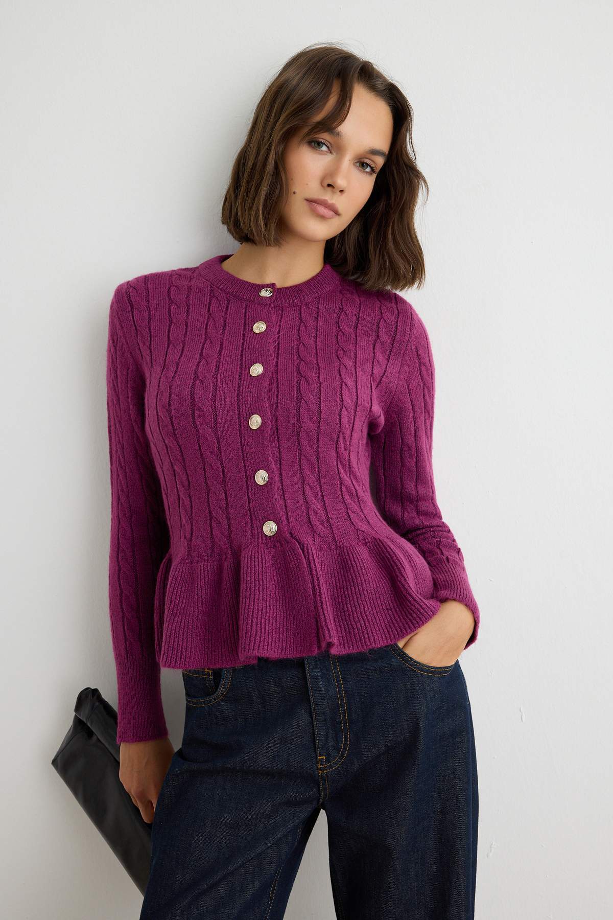 Trendyolmilla Mürdüm Peplum Detaylı Yumuşak Dokulu Triko Hırka TWOAW27HI00156