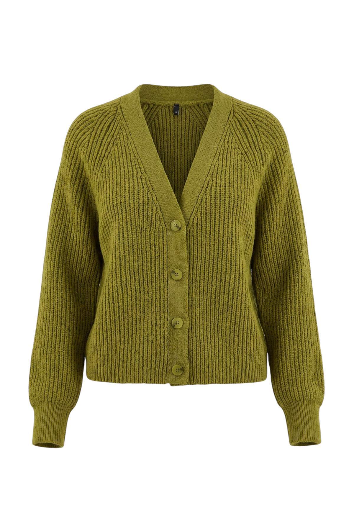 Trendyolmilla Wardrobe Essentials Yağ Yeşil V Yaka Düşük Kol Triko Hırka TWOAW27HI00150