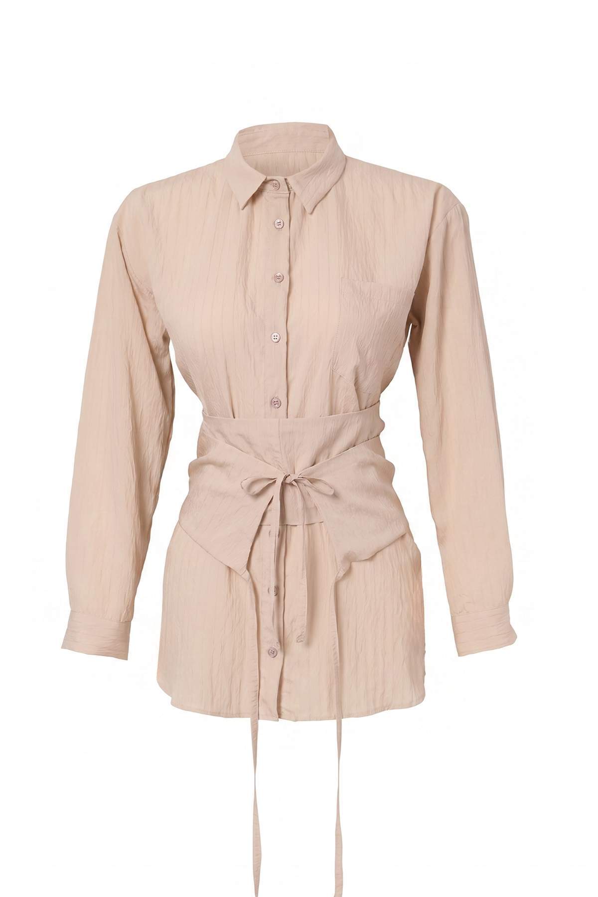 Trendyolmilla Modest Taş Çizgili Lilyum Kemer Detaylı Dokuma Gömlek TCTAW27TG00009