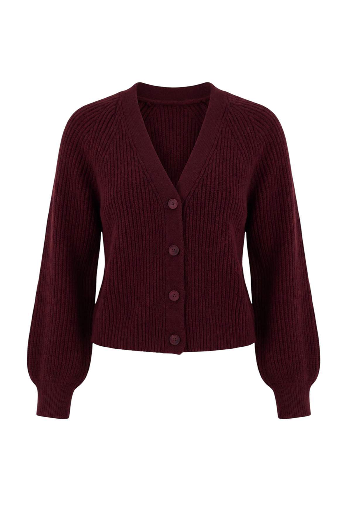 Trendyolmilla Bordo Yumuşak Dokulu V Yaka Düşük Kol Triko Hırka TWOAW27HI00150