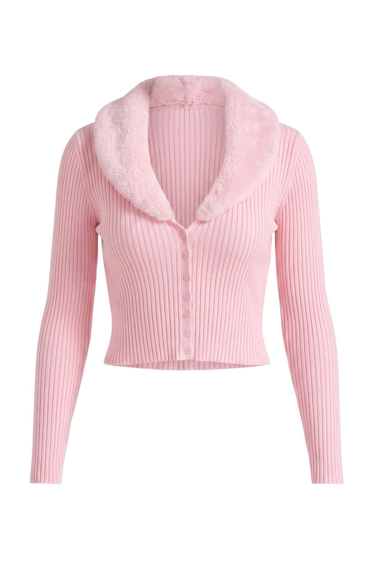 Trendyolmilla Pembe Çıkarılabilir Kürk Detaylı Fitted Triko Hırka TWOAW27HI00164