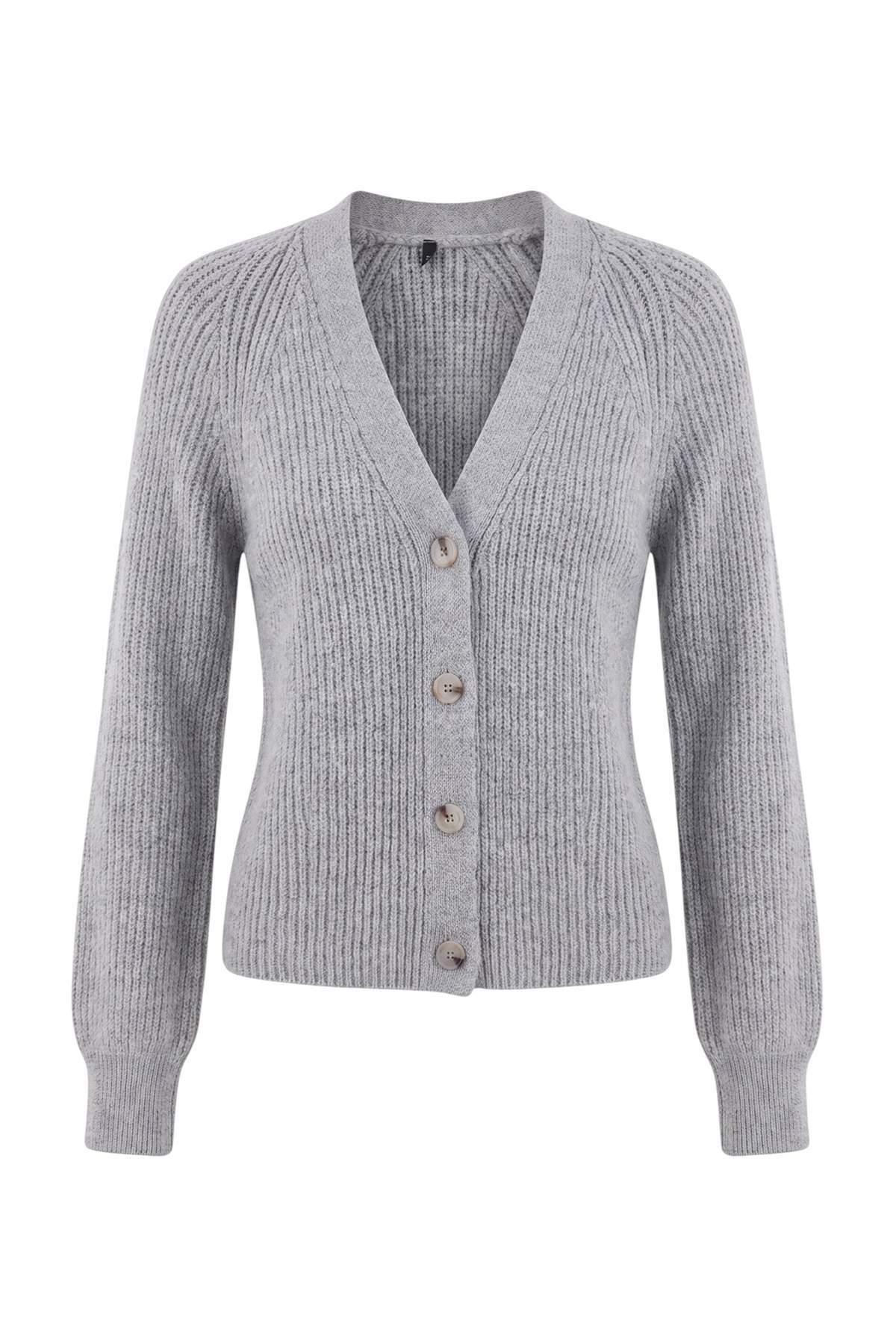Trendyolmilla Wardrobe Essentials Açık Gri V Yaka Yumuşak Tuşe Triko Hırka TWOAW27HI00150