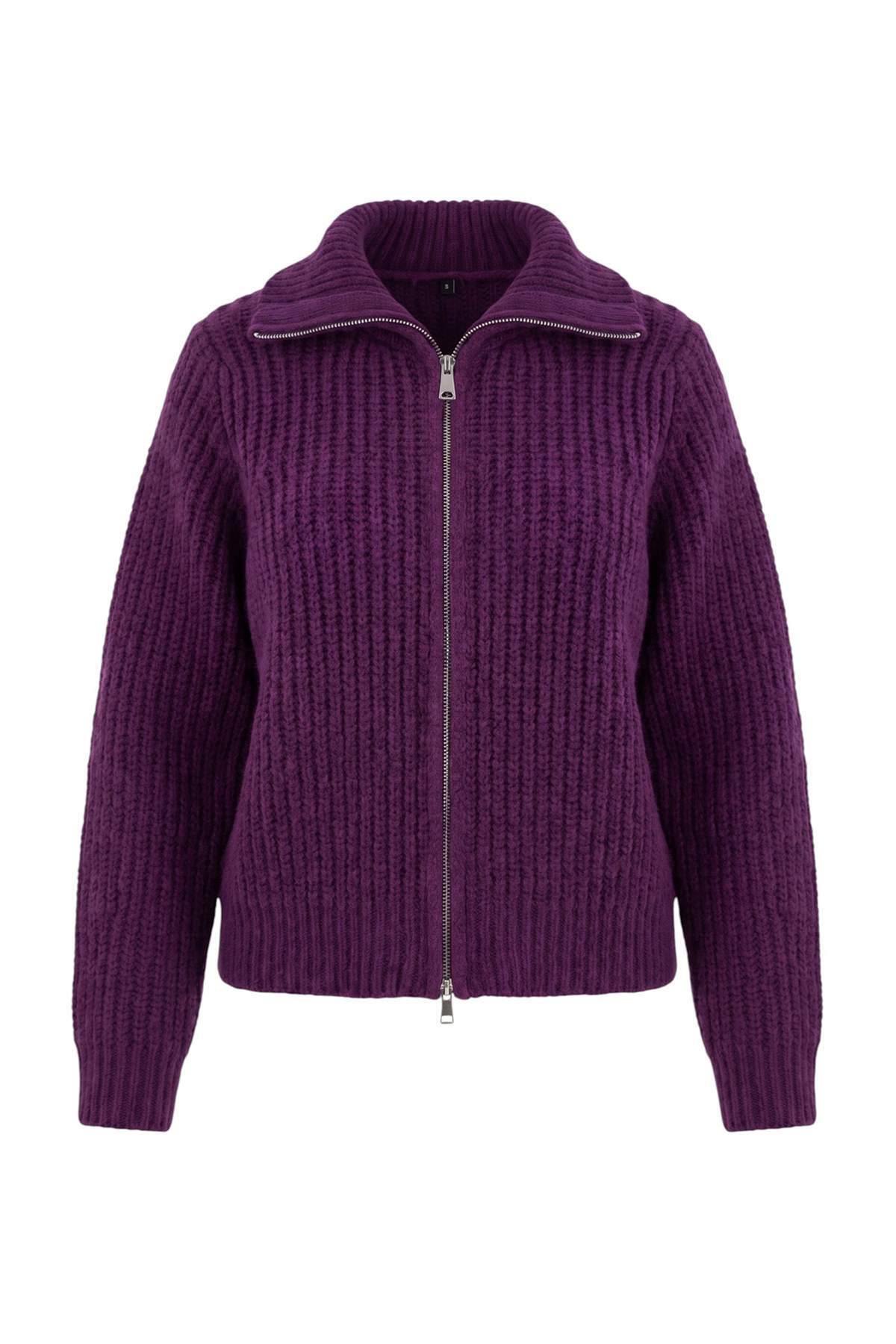 Trendyolmilla Wardrobe Essentials Mürdüm Fermuarlı Yumuşak Dokulu Geniş Kalıp Triko Hırka|TWOAW26HI00049