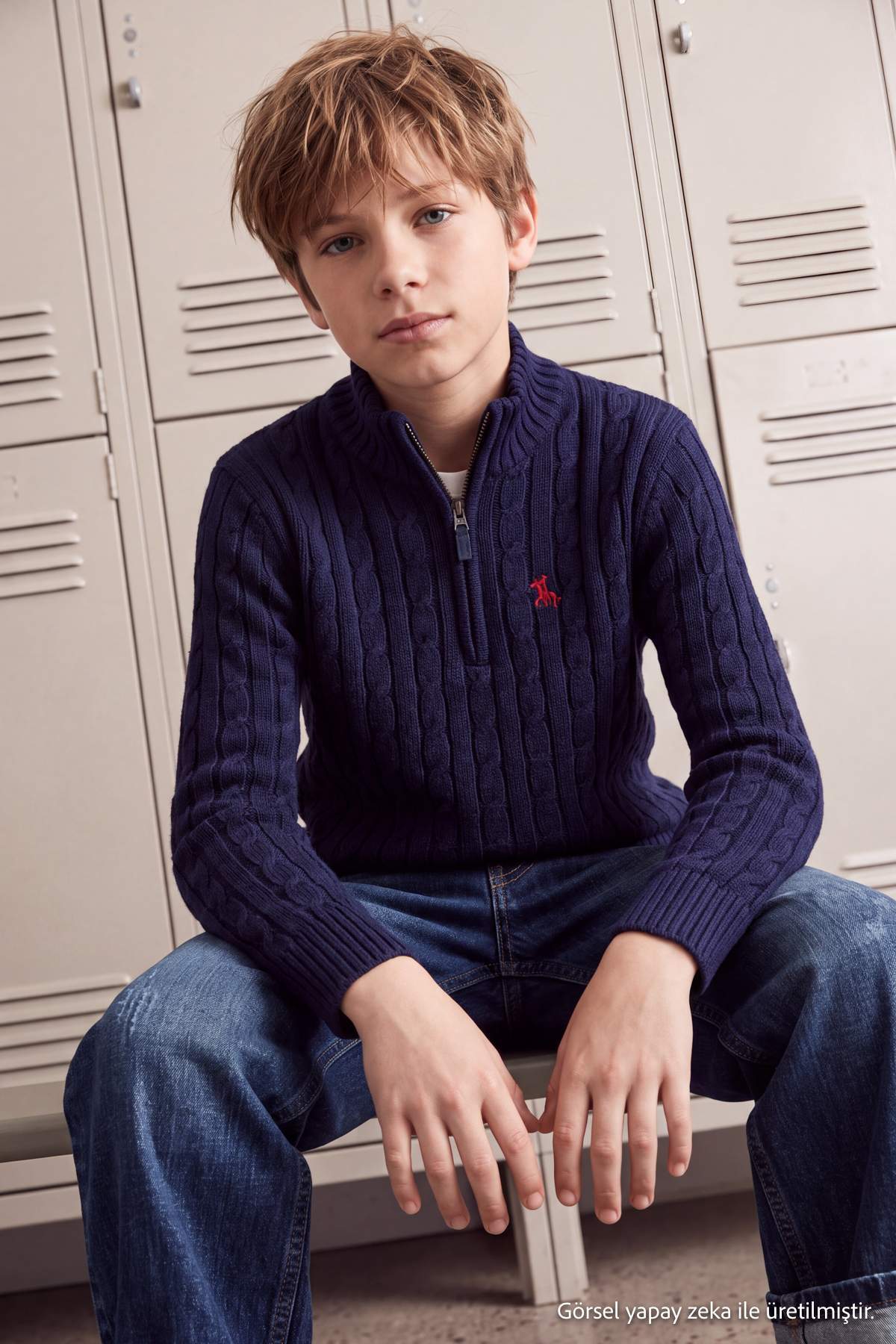 Trendyolmilla Kids Lacivert Erkek Çocuk Dik Yaka Fermuarlı Nakışlı Triko Kazak TKDAW27KZ00015