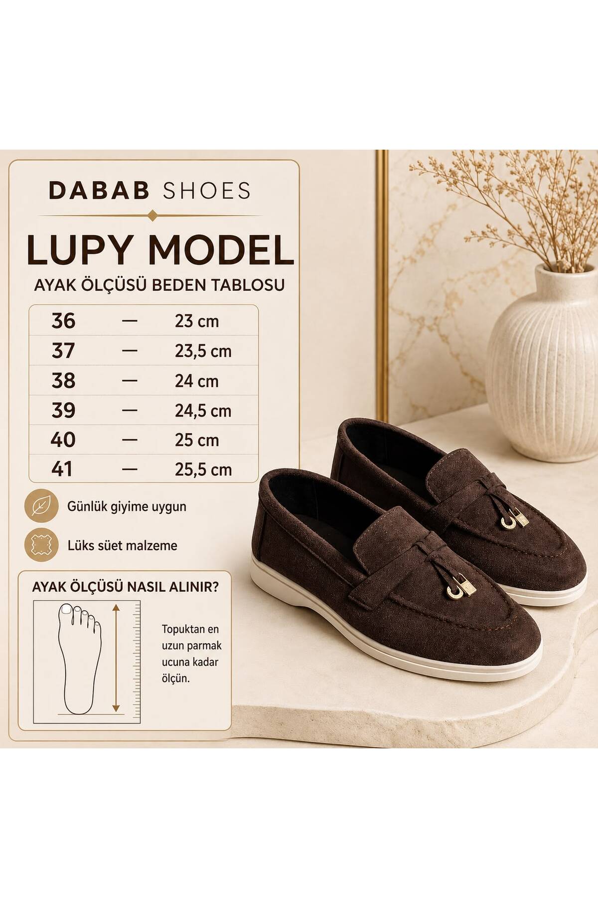 dabab shoes LUPY Kadın Acı Kahve Süet Loafer Ayakkabı Gold Aksesuarlı Ortopedik Rahat Taban Casual Babet görsel 7
