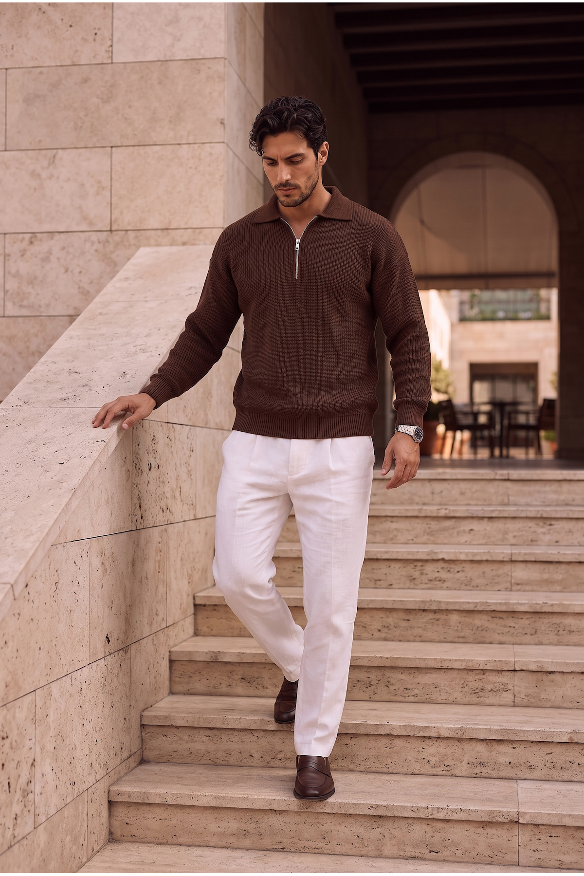 Valiberta Gibson Oversize Yarım Fermuar Gömlek Polo Yaka Selanik Örme Erkek Triko Kazak - Kahve görsel 4