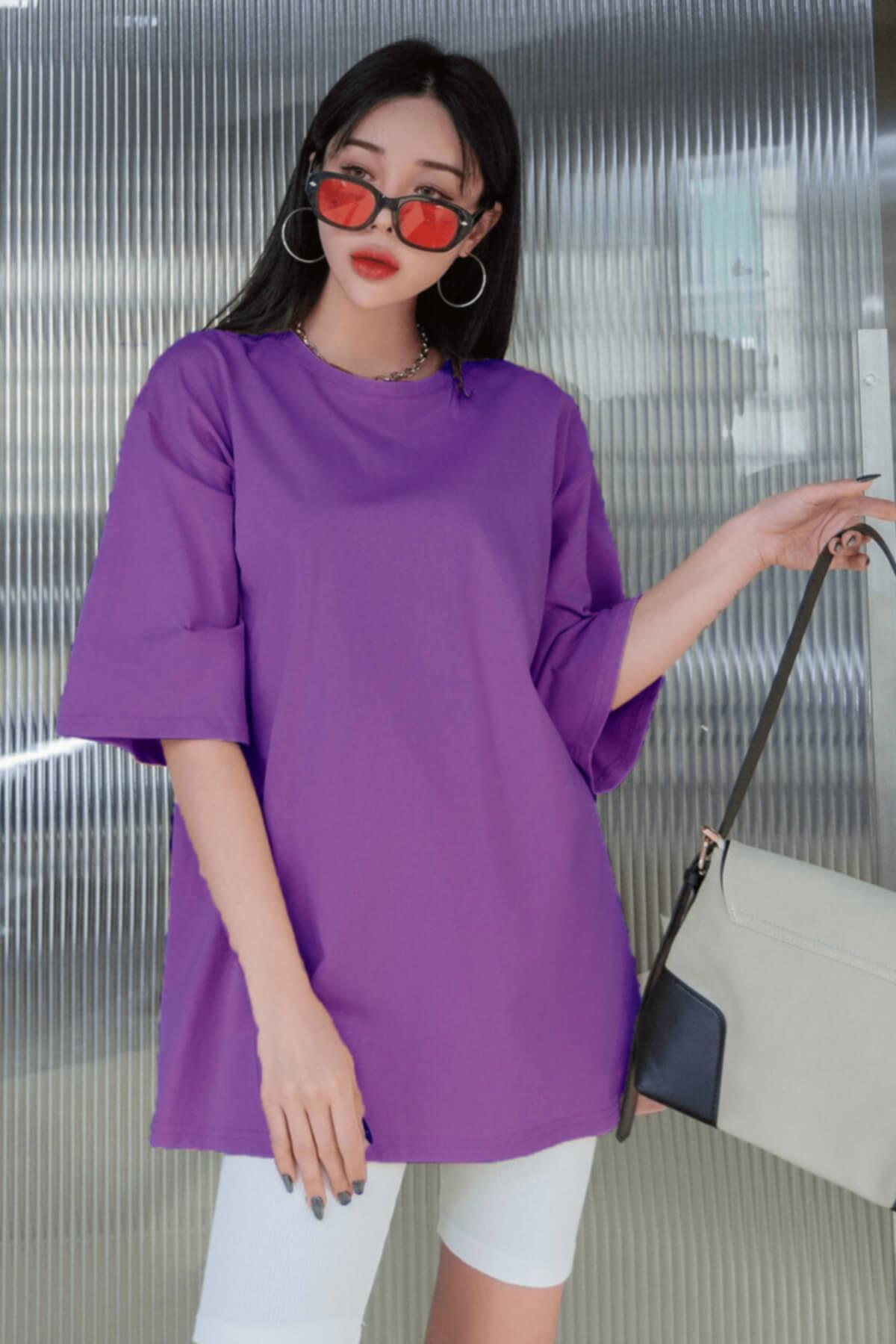 Teenage Millionaire Mor Basic Düz Baskısız Oversize Salas Boyfriend Kadın T-Shirt