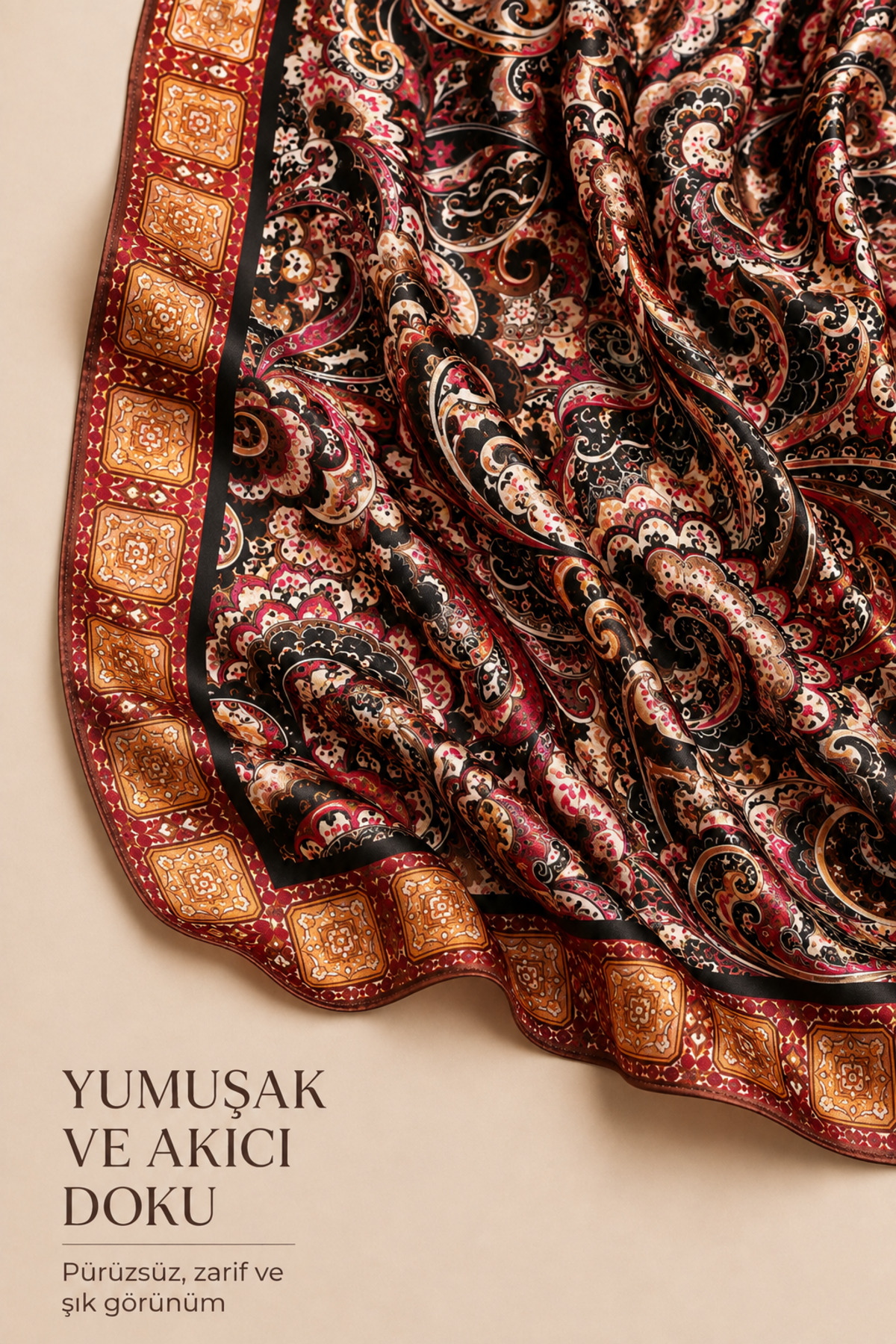 OUS Kadın Kahverengi Bordo Şal Desenli 70x70 cm Saten Fular, İpeksi Dokulu Kare Boyun Saç ve Çanta Aksesuarı görsel 3