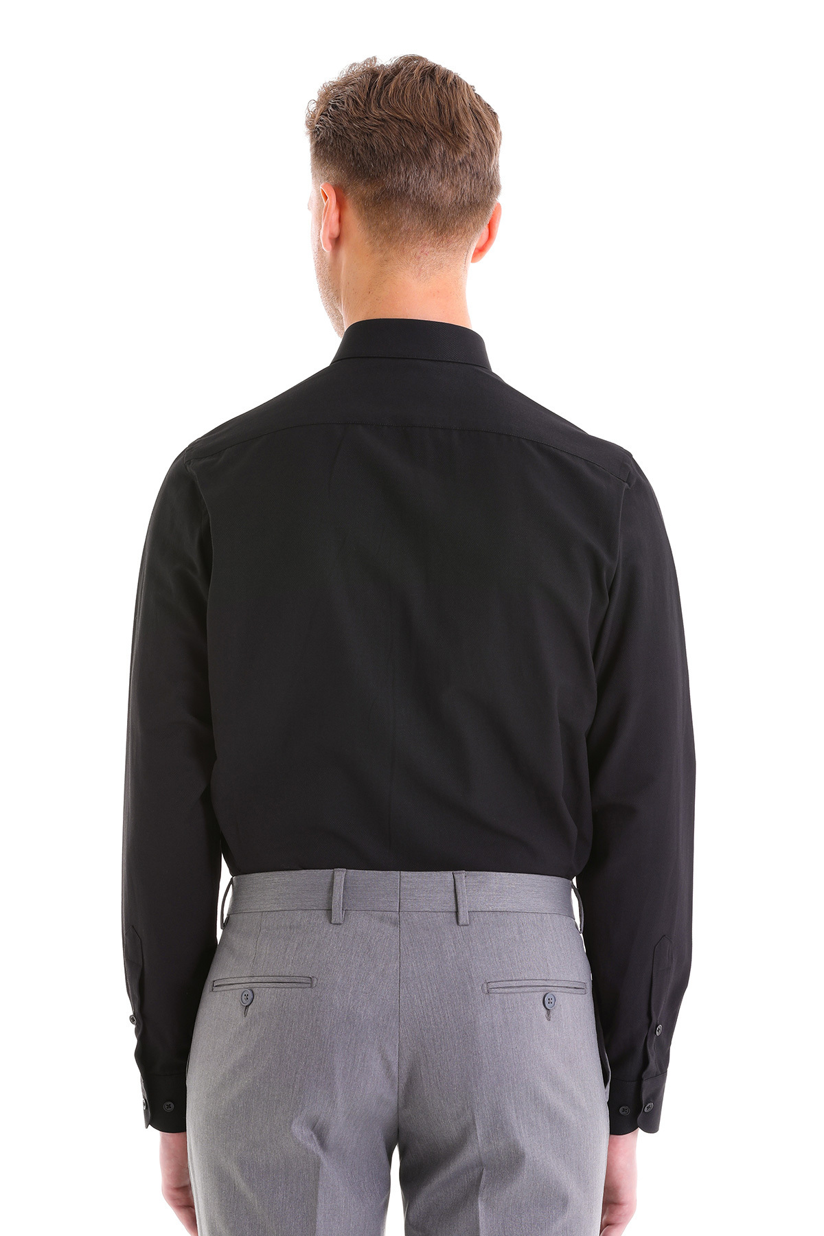 Siyah Slim Fit Düz Pamuklu Slim Yaka Uzun Kollu Klasik Gömlek — مشکی 20D190000111 — تصویر 8 از 8