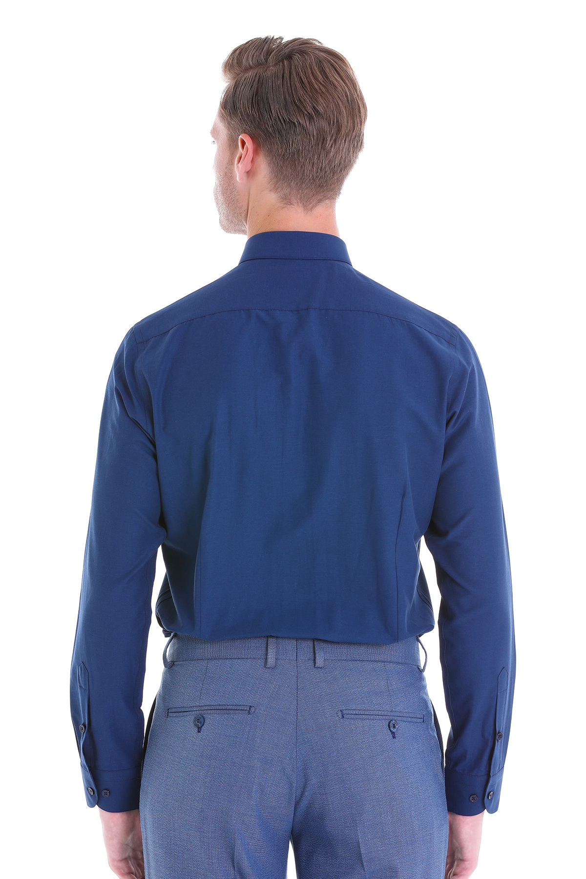 Lacivert Slim Fit Düz Pamuklu Slim Yaka Uzun Kollu Klasik Gömlek — سرمه‌ای 20D190000111 — تصویر 8 از 8