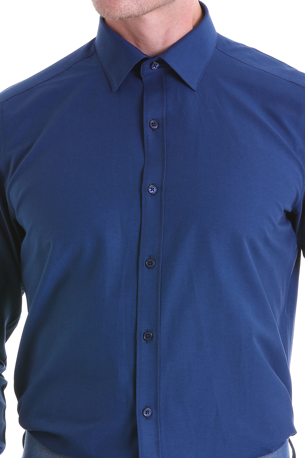 Lacivert Slim Fit Düz Pamuklu Slim Yaka Uzun Kollu Klasik Gömlek — سرمه‌ای 20D190000111 — تصویر 7 از 8