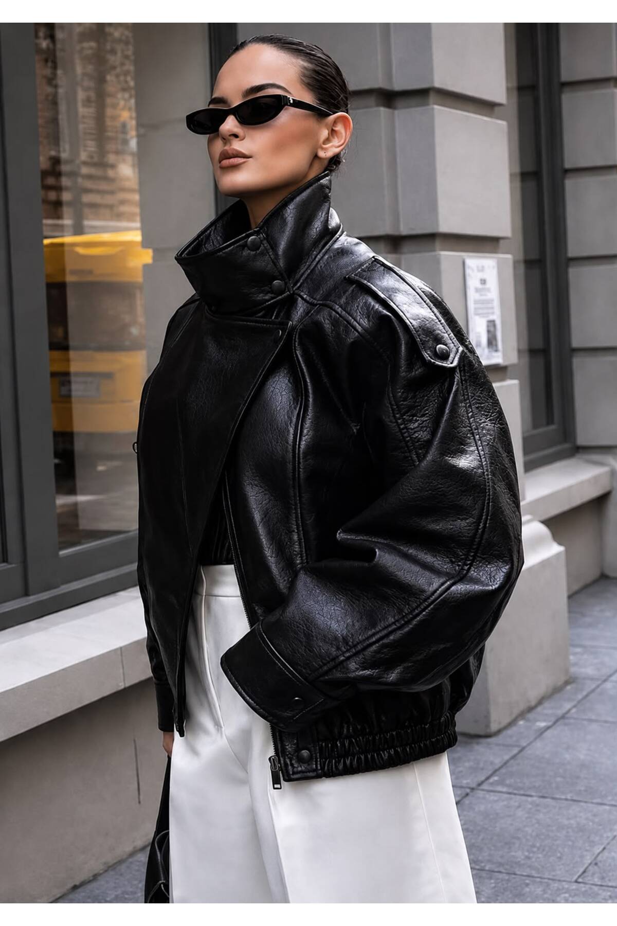 mega lucky ZR Model Siyah Oversize Dik Yaka Deri Ceket görsel 3