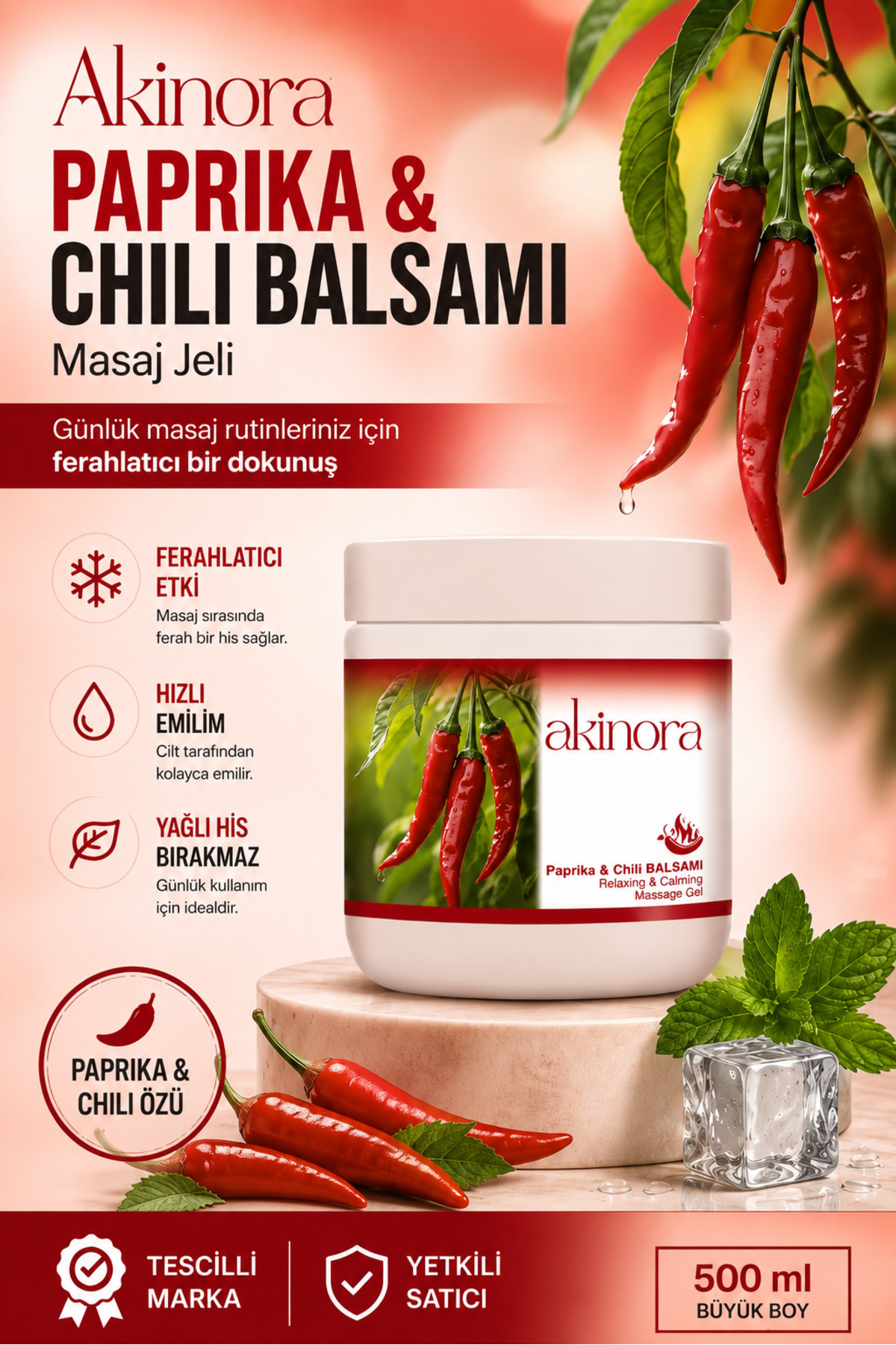 Akinora Kırmızı Biberli Masaj Jeli - Isıtıcı Etkili Yoğun Bakım Kremi (Chili Balsam) 500 ml. — 10002
