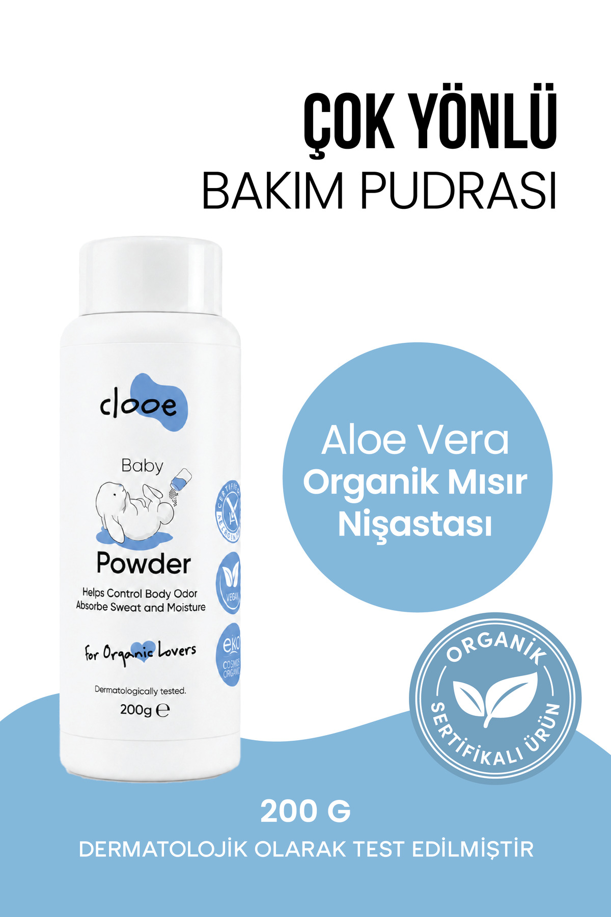 clooe Bebek Pudrası 200 g - Talk İçermez - Organik - Aloe Vera & Mısır Nişastalı - Hassas Ciltler İçin — STK013