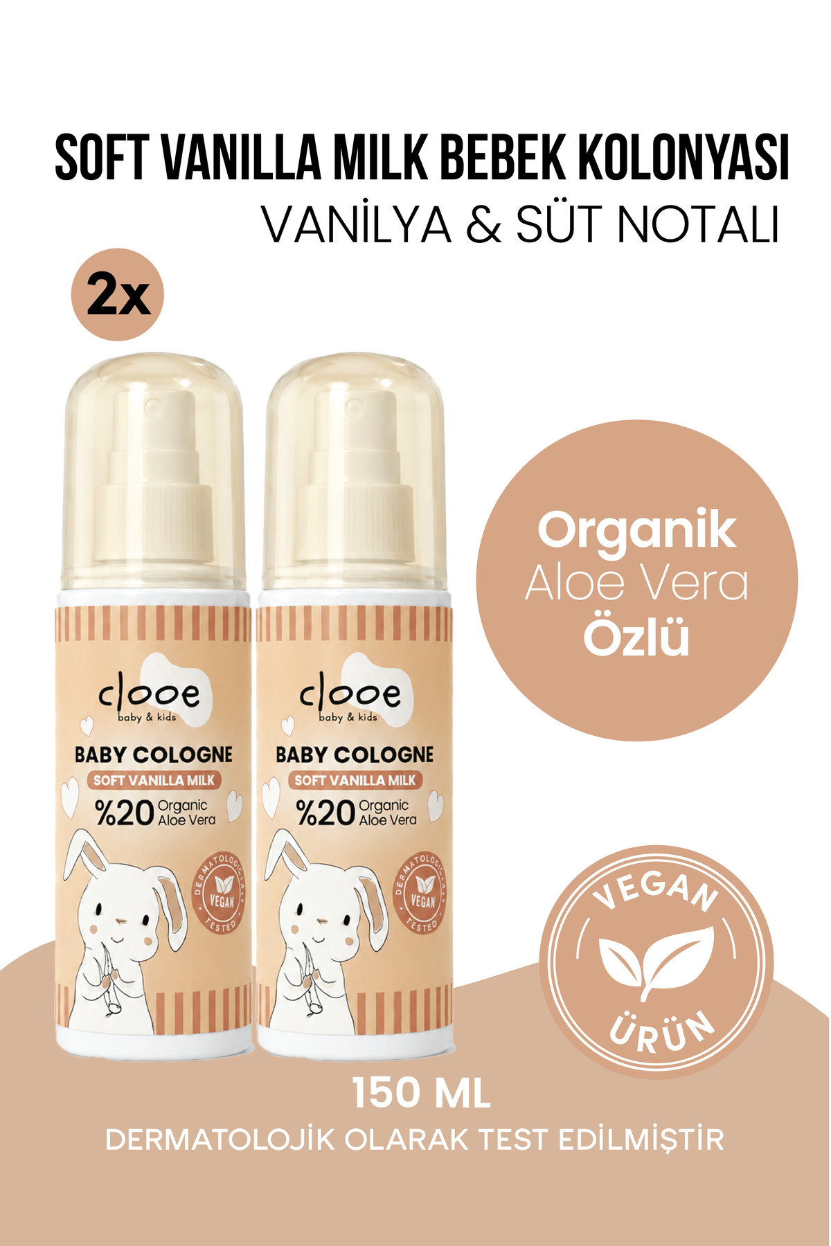 clooe Nemlendirici Vegan Soft Vanilla Milk Bebek Kolonyası Organik Aloe Vera Vanilya Kokulu 2x150ml — PKA033