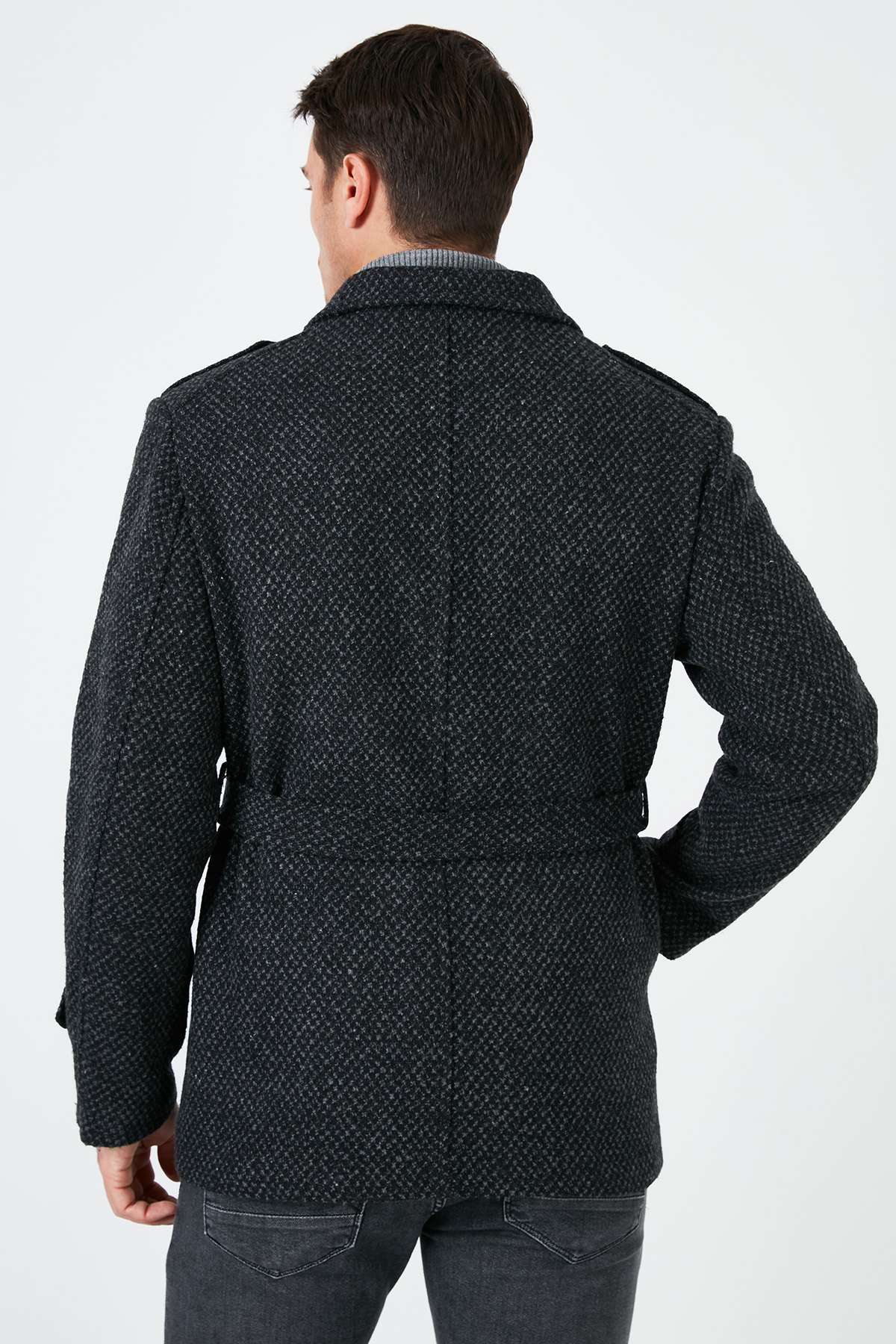 Slim Fit Cepli Pamuklu Kaşe Kaban Erkek Kaban 5841015 — مشکی — تصویر 5 از 6