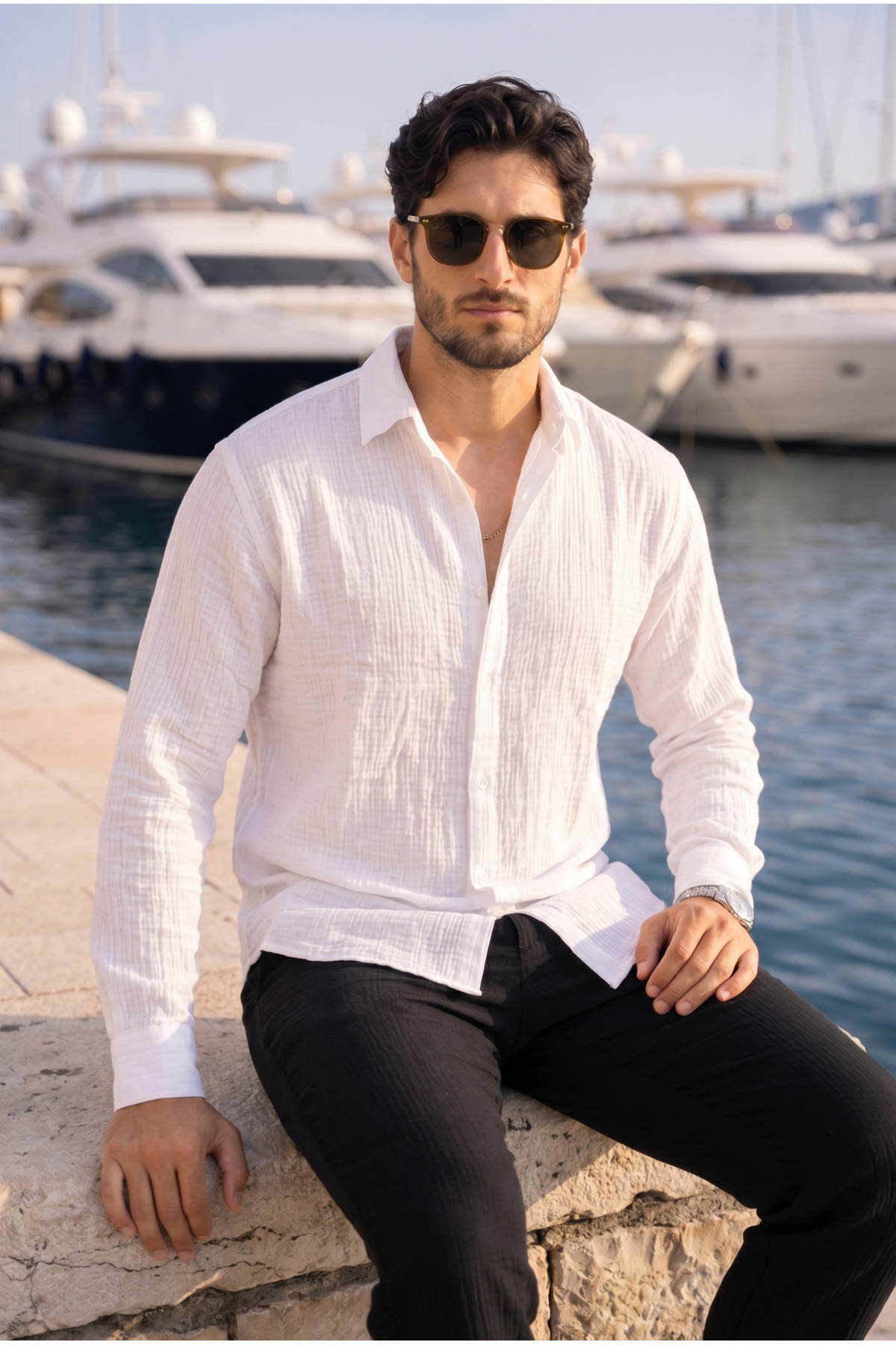 Nefes Alabilir Yarım Oversize Müslin Kumaş Uzun Kol Yakalı Erkek Gömlek - Beyaz — سفید G10102 — تصویر 5 از 9