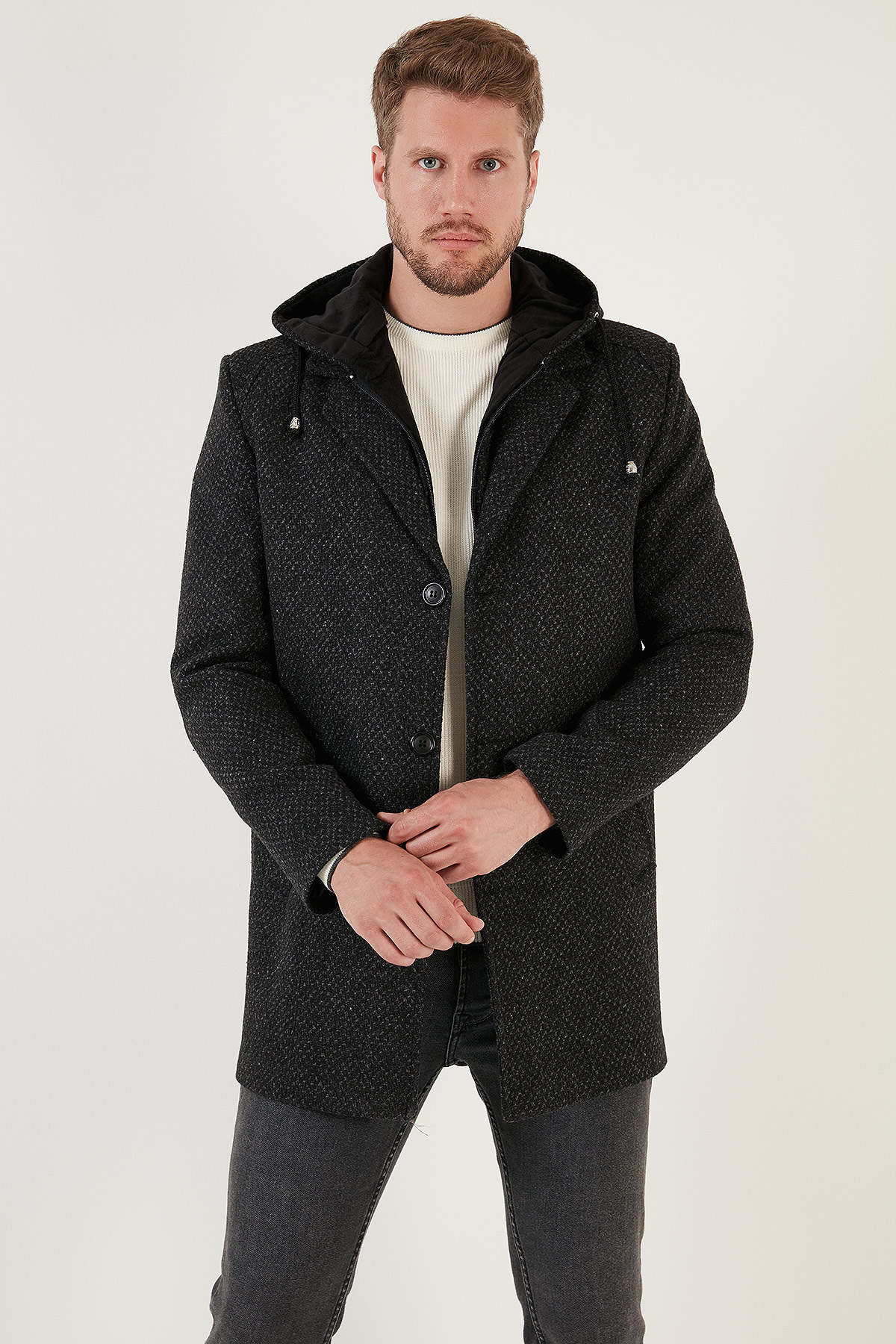 Çıkarılabilir Kapüşonlu Kırçıllı Slim Fit Kaşe Kaban Erkek KABAN 5841013 — خاکستری — تصویر 4 از 7