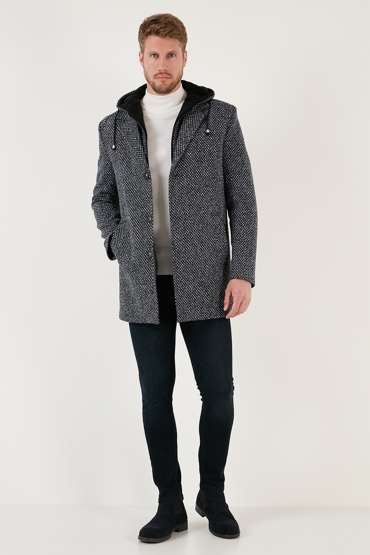Çıkarılabilir Kapüşonlu Kırçıllı Slim Fit Kaşe Kaban Erkek KABAN 5841013 — سرمه‌ای — تصویر 3 از 7