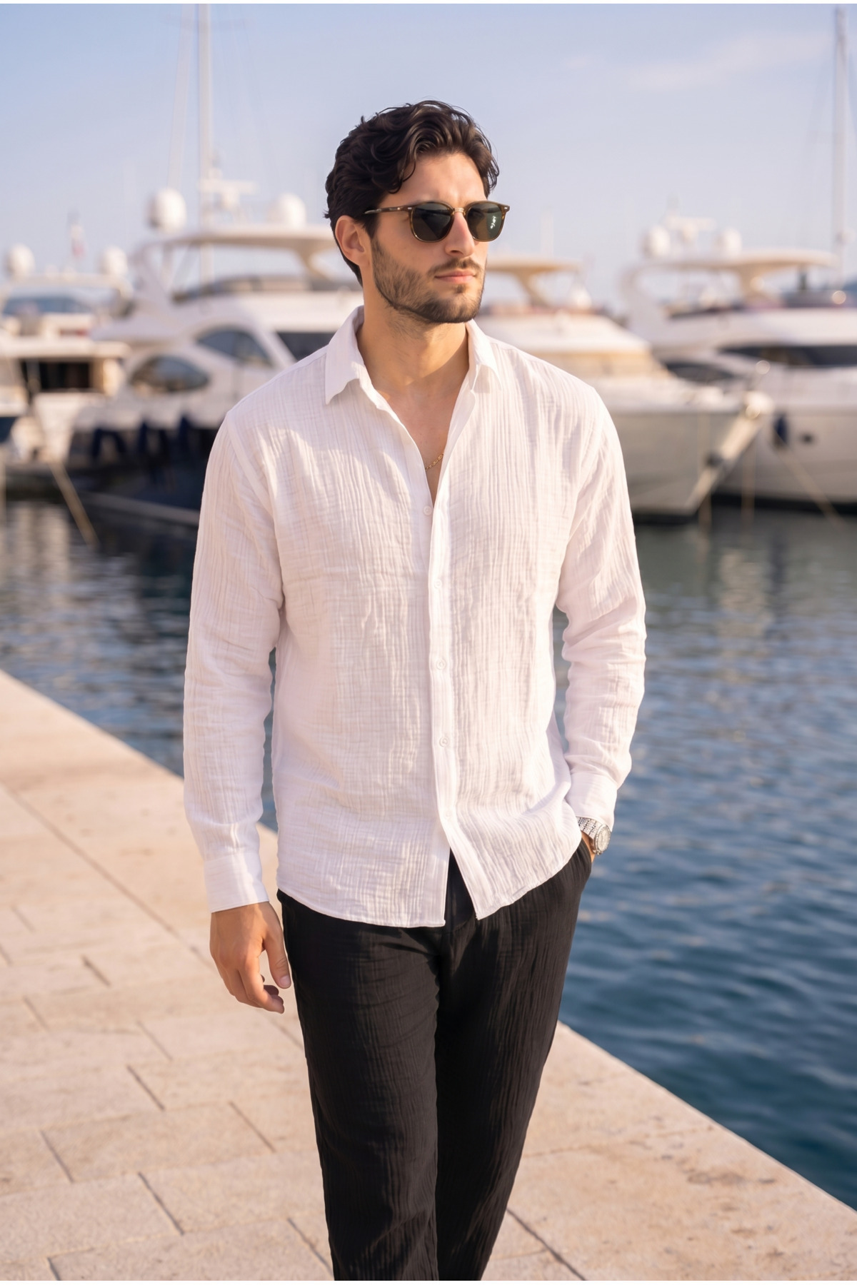 Nefes Alabilir Yarım Oversize Müslin Kumaş Uzun Kol Yakalı Erkek Gömlek - Beyaz — سفید G10102 — تصویر 6 از 9