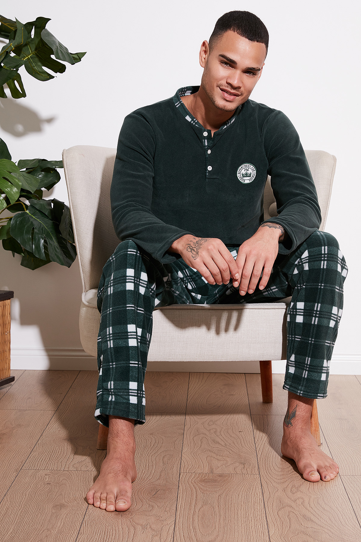 Buratti Ekoseli Regular Fit Düğmeli Bisiklet Yaka Kışlık Polar Pijama Takımı Erkek PİJAMA TAKIMI 609