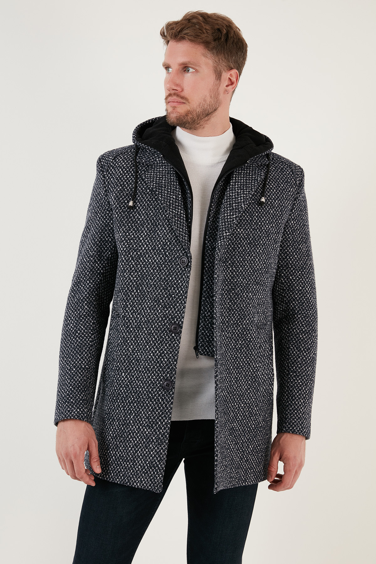Çıkarılabilir Kapüşonlu Kırçıllı Slim Fit Kaşe Kaban Erkek KABAN 5841013 — سرمهای