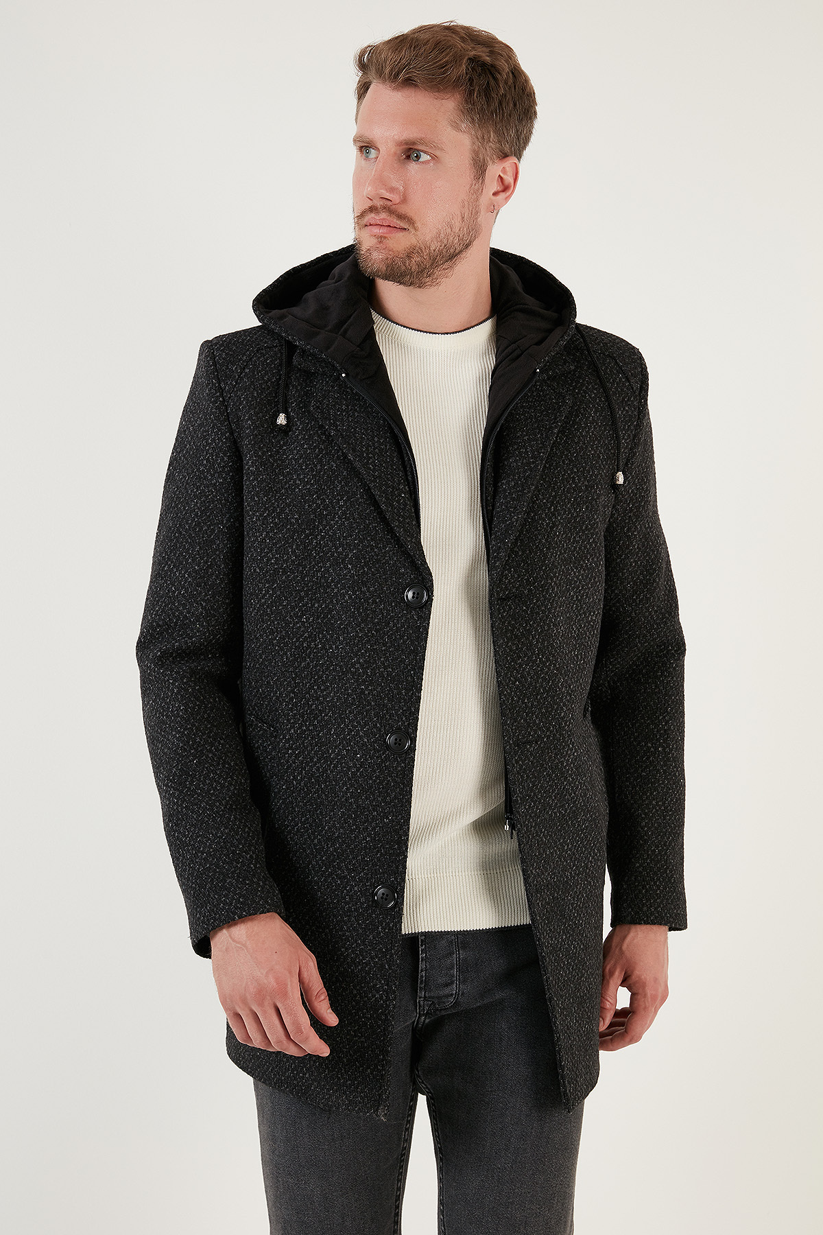 Çıkarılabilir Kapüşonlu Kırçıllı Slim Fit Kaşe Kaban Erkek KABAN 5841013 — خاکستری