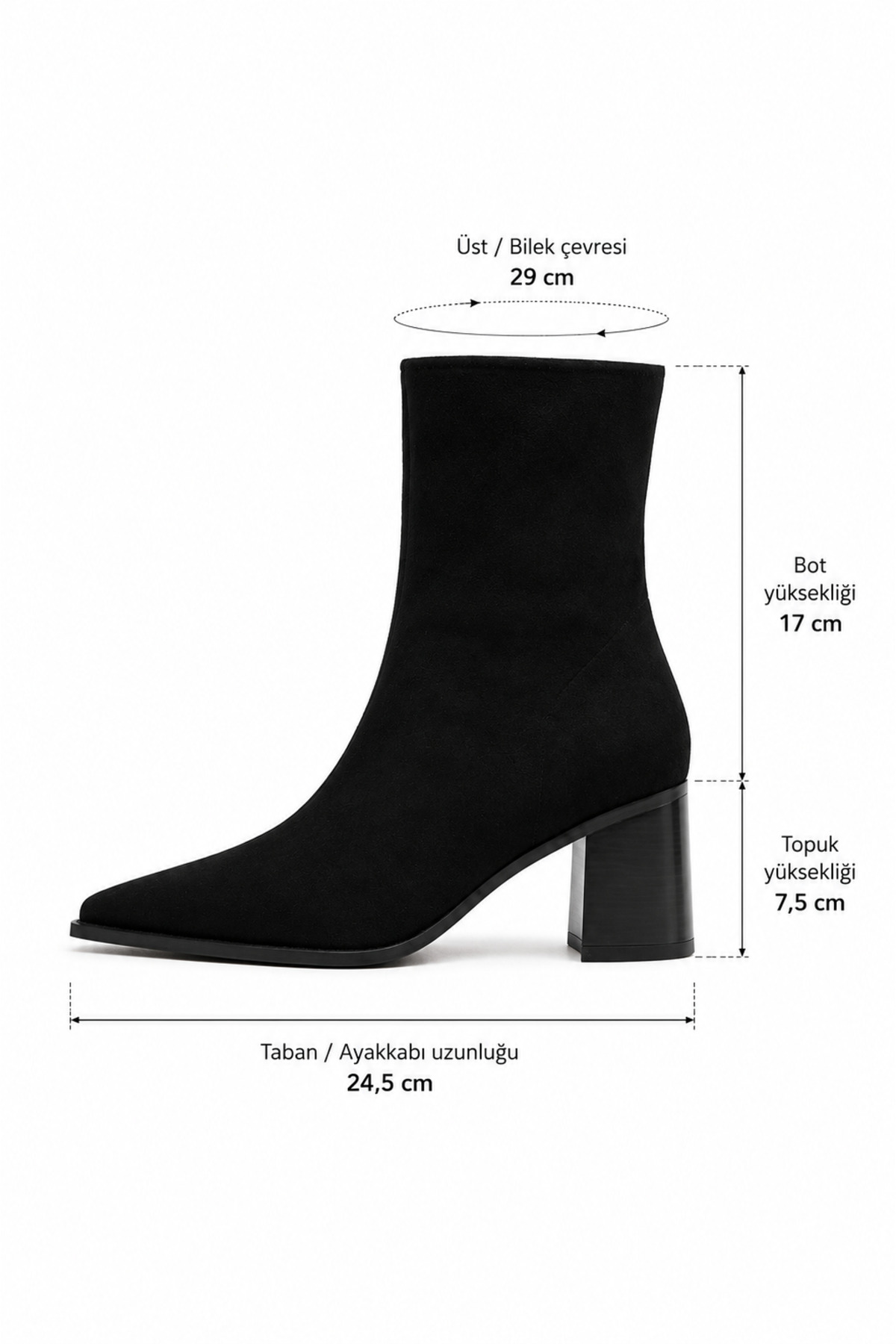 Best Cover ELENA Kadın Siyah Süet Sivri Küt Kesim Burun Fermuarlı 7,5 Cm Kalın Topuklu Bot Bootie görsel 7