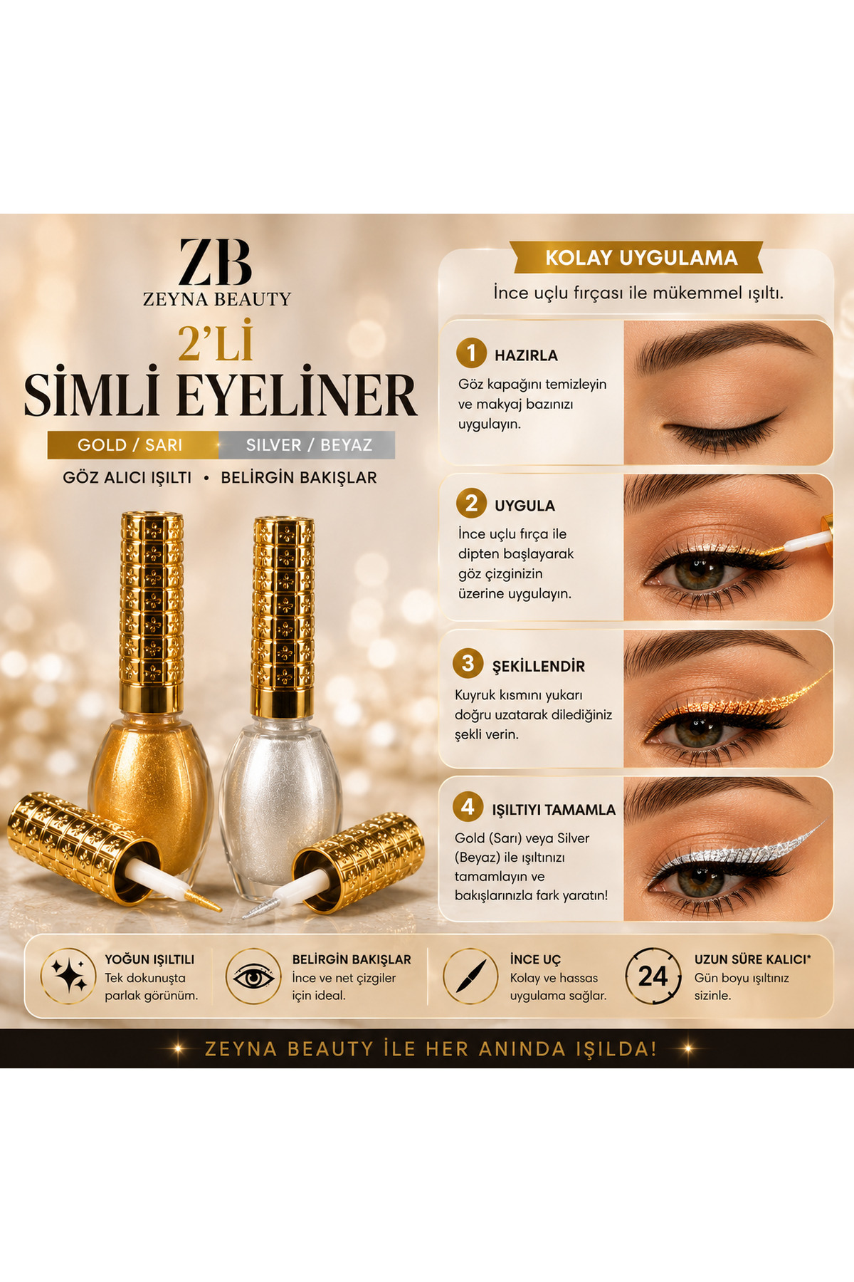 2'li Simli Eyeliner Sarı Beyaz Gold & Silver — سفید 2lieyeliner — تصویر 6 از 8