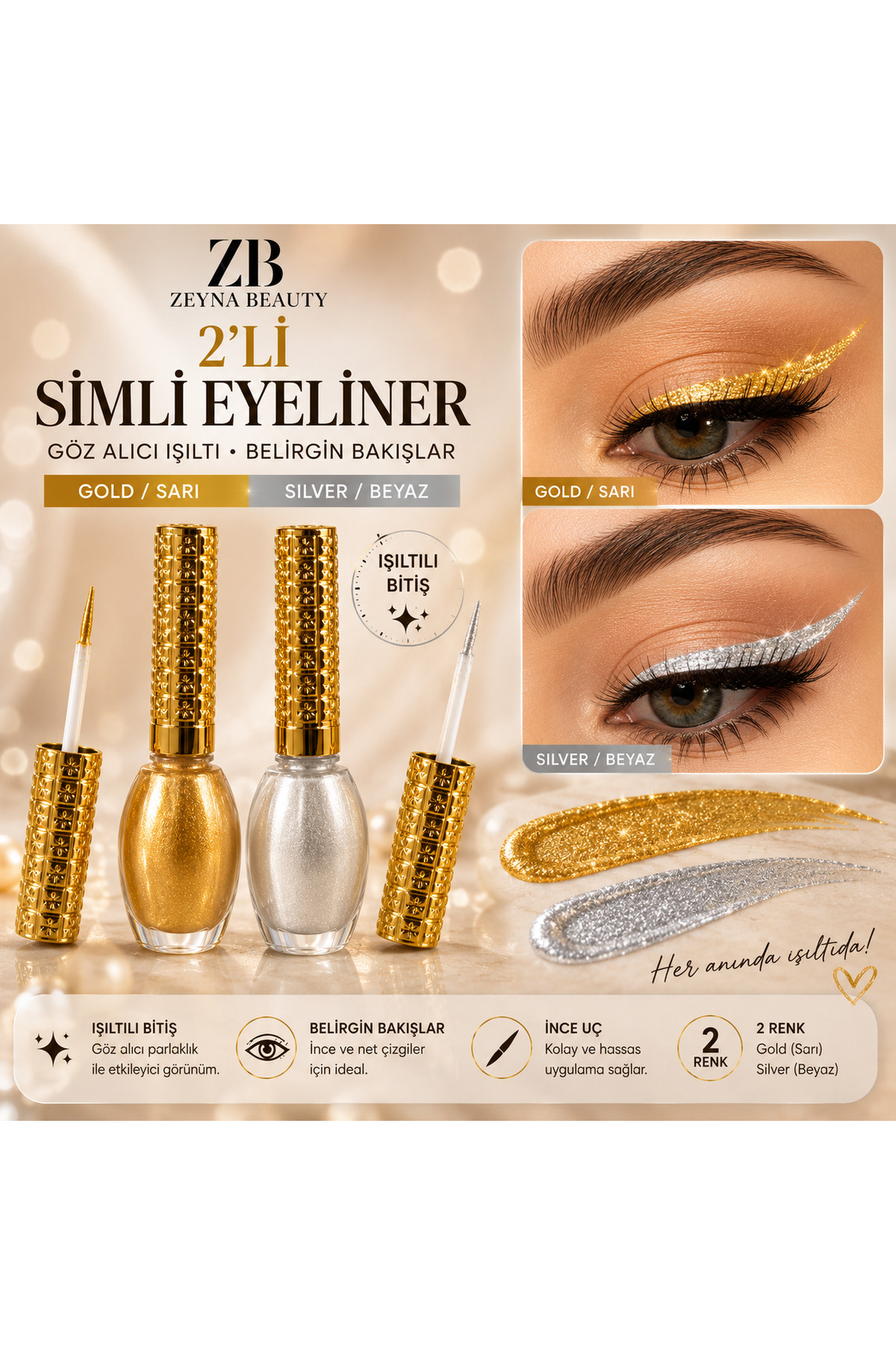 2'li Simli Eyeliner Sarı Beyaz Gold & Silver — سفید 2lieyeliner — تصویر 8 از 8