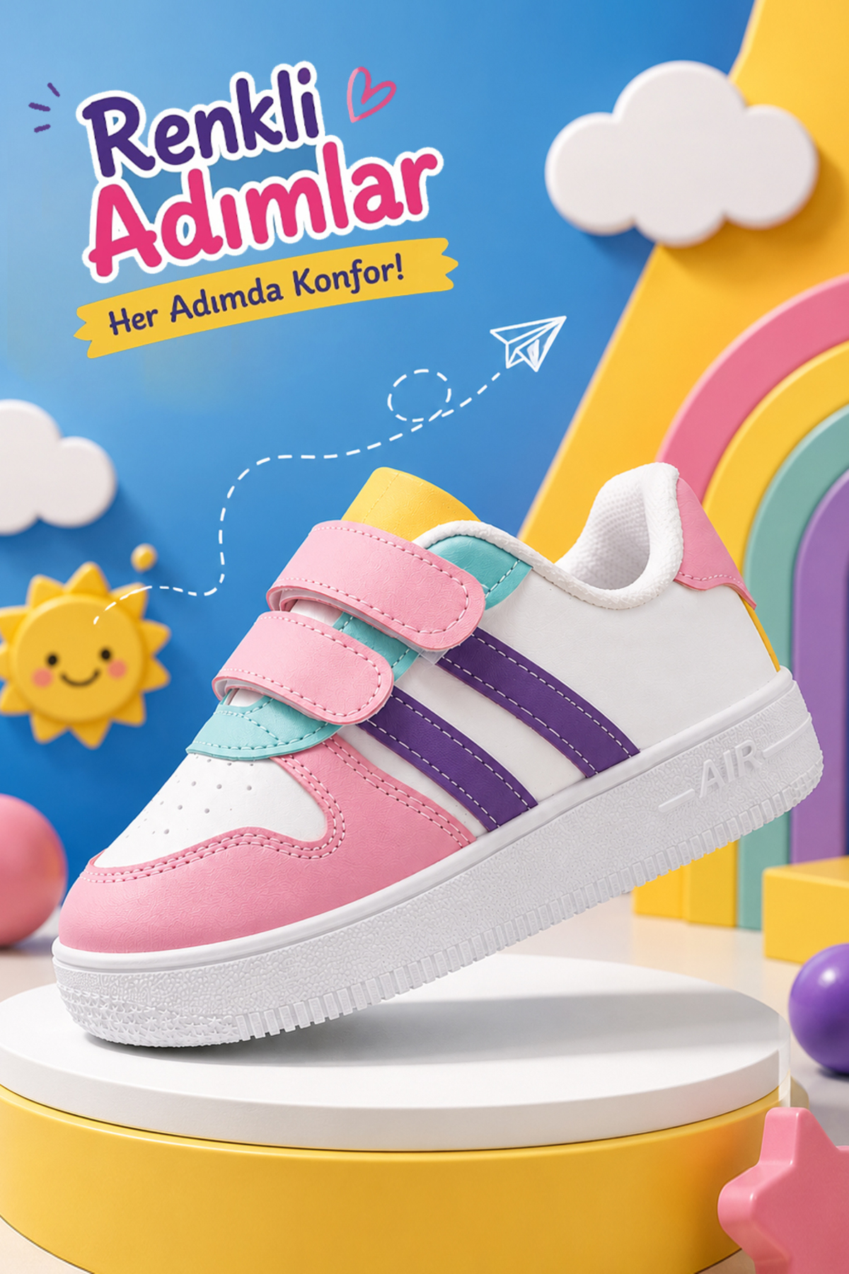 Unisex Çocuk Pembe Mor Beyaz Sneaker Cırtlı Çift Şeritli Hafif Rahat Günlük Spor Ayakkabı ZL001