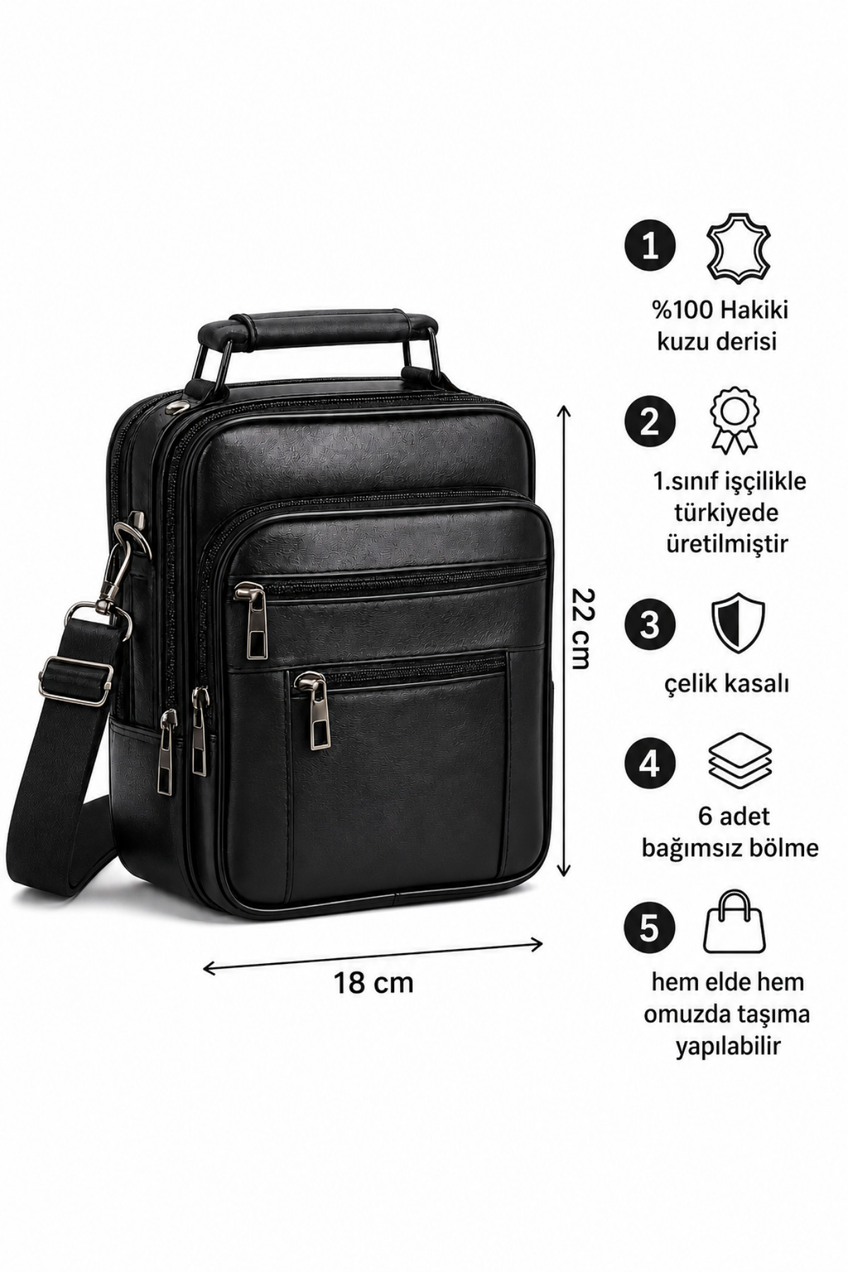 NEWISH POLO ACCESSORIES Erkek Siyah Çelik Kasalı Hakiki Deri El Ve Omuz Çantası Ayarlanabilir Askılı( Büyük Boy) görsel 2
