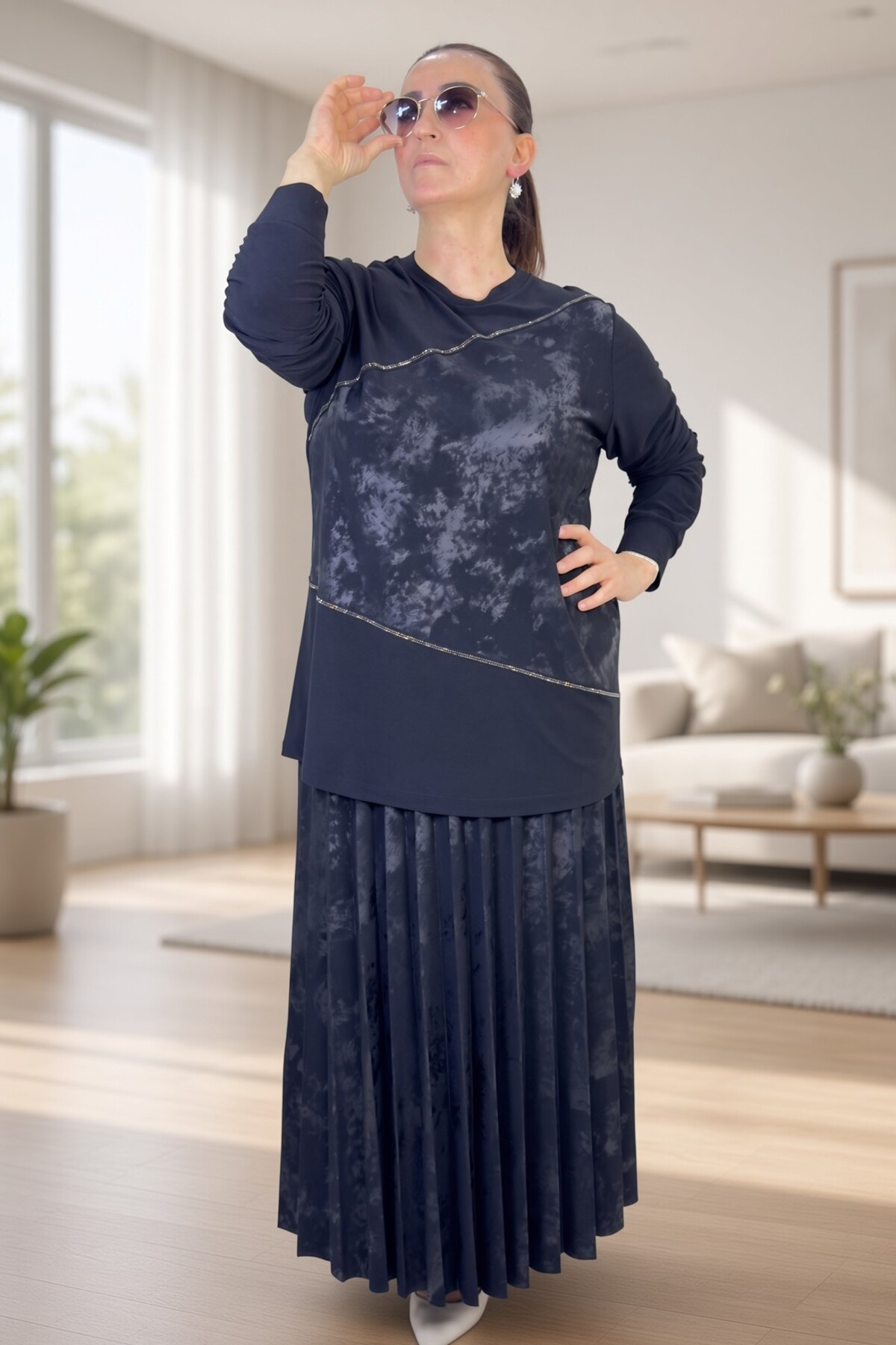دامن چین دار کمر الاستیک بلوز یقه دوزی سنگ دوزی شده به علاوه سایز بافتنی کرپ دو کت و شلوار 8