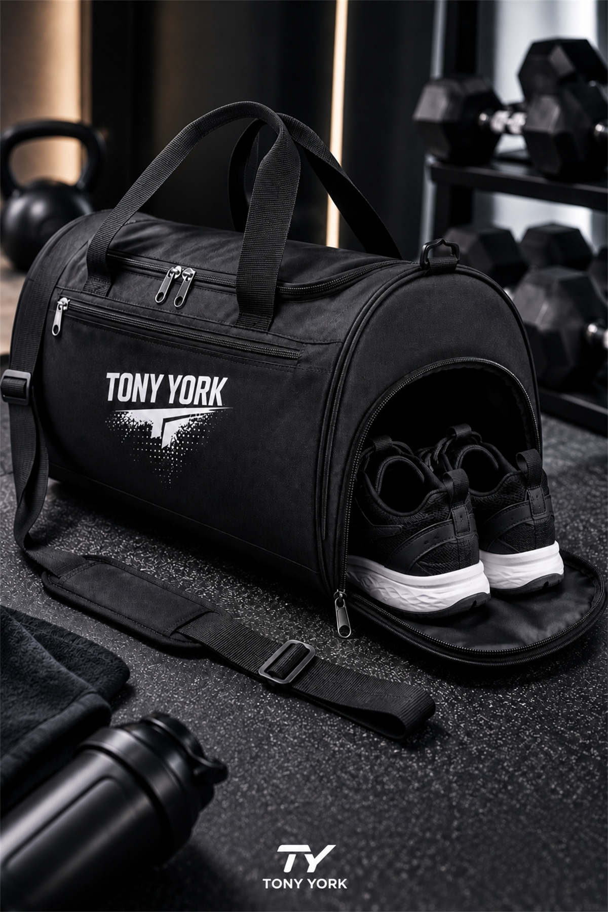 Tony York Unisex Geniş Hacimli Konfor Modeli Ayakkabı Bölmeli Önü Cepli Su Geçirmez 3 Gözlü Ayarlanabilir ve Çıkarılabilir Omuz Askılı Gym Seyahat Antrenman Fitness El ve Omuzda Kullanım Siyah Spor Çantası görsel 3