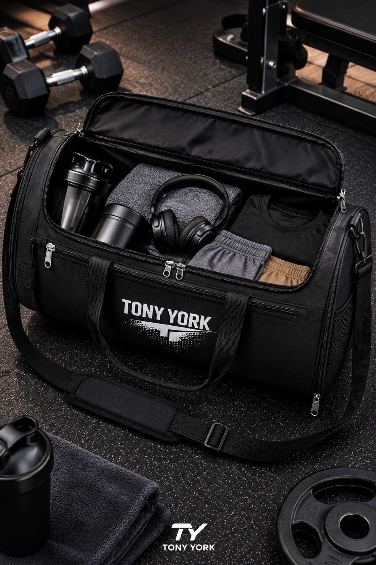 Tony York Unisex Geniş Hacimli Konfor Modeli Ayakkabı Bölmeli Önü Cepli Su Geçirmez 3 Gözlü Ayarlanabilir ve Çıkarılabilir Omuz Askılı Gym Seyahat Antrenman Fitness El ve Omuzda Kullanım Siyah Spor Çantası görsel 5