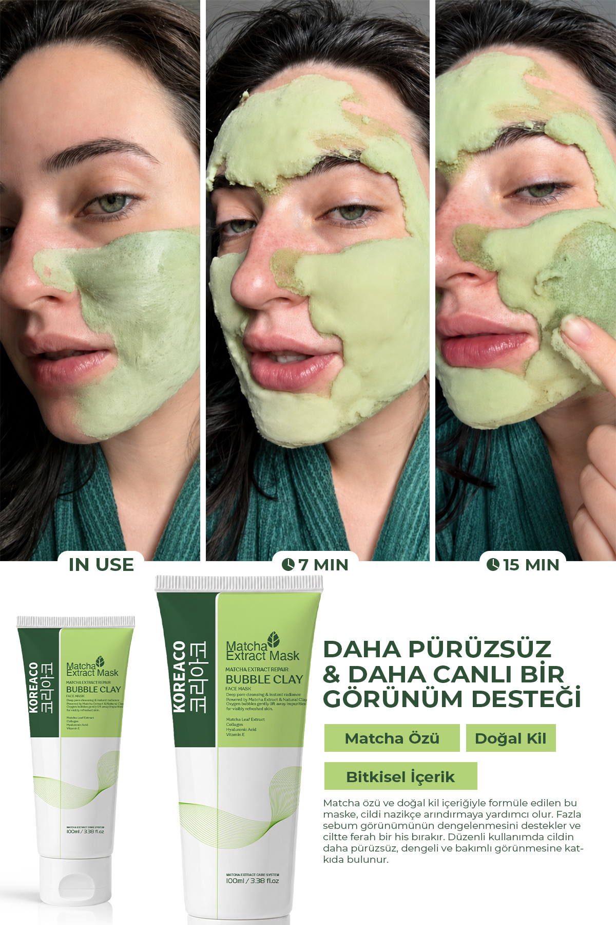 Matcha Mucize Bubble Clay Yüz Maskesi | Gözenek Temizleyici Yenileyici Köpüren Yüz Maskesi 100 ml — 8685094595063 — تصویر 4 از 4