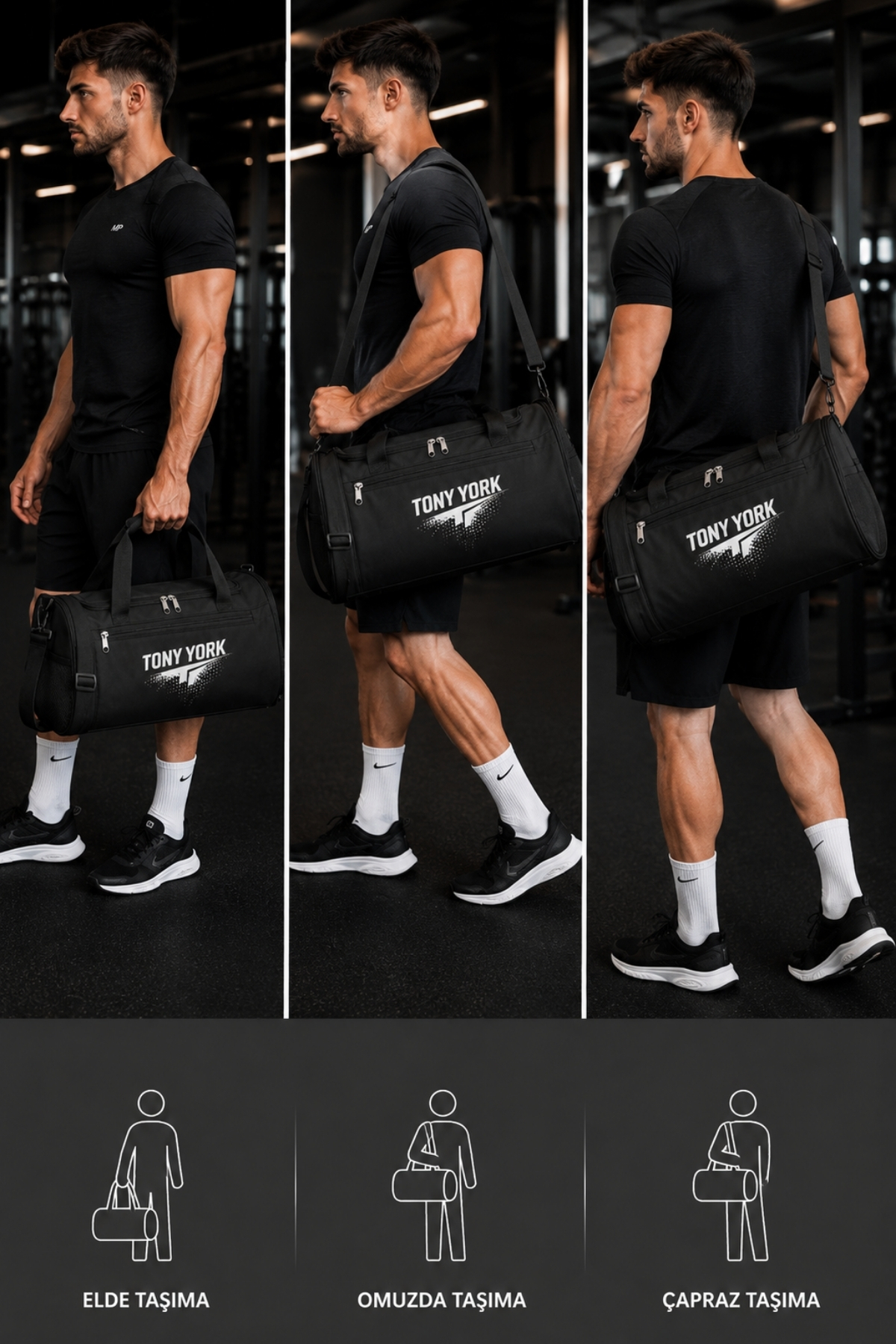 Tony York Unisex Geniş Hacimli Konfor Modeli Ayakkabı Bölmeli Önü Cepli Su Geçirmez 3 Gözlü Ayarlanabilir ve Çıkarılabilir Omuz Askılı Gym Seyahat Antrenman Fitness El ve Omuzda Kullanım Siyah Spor Çantası görsel 6