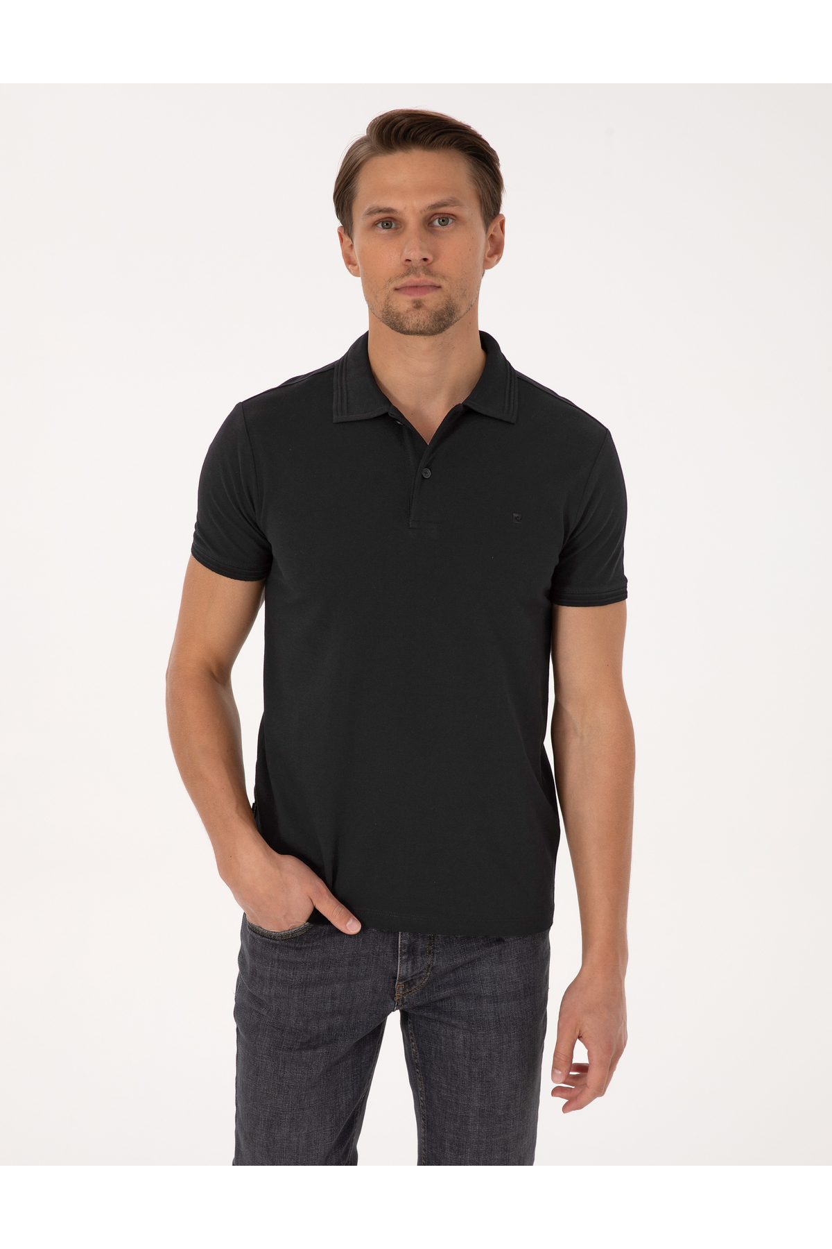 Pierre Cardin Black Slim Fit 100% Cotton Non-Curling Buttoned Polo Collar Basic T-Shirt 50325323-Vr046