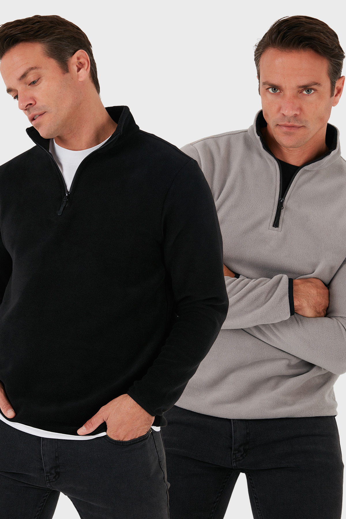 Slim Fit Yarım Fermuarlı Dik Yaka Soğuk Geçirmez 2'li Paket Polar Erkek POLAR 5906003S2 — رنگارنگ