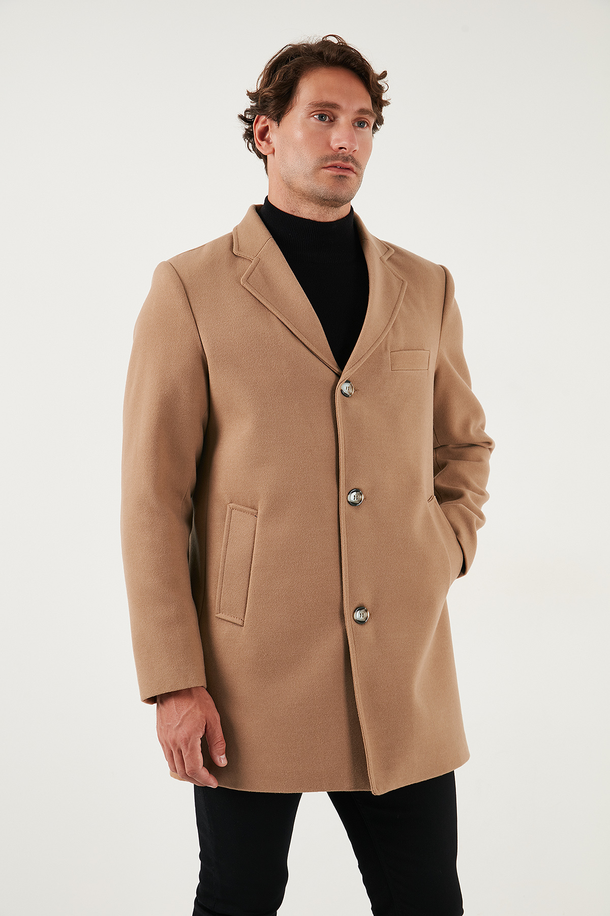 Slim Fit Tek Yırtmaçlı Düğmeli Mono Yaka Kaşe Kaban Erkek KABAN 5840098 — قهوه‌ای — تصویر 4 از 7