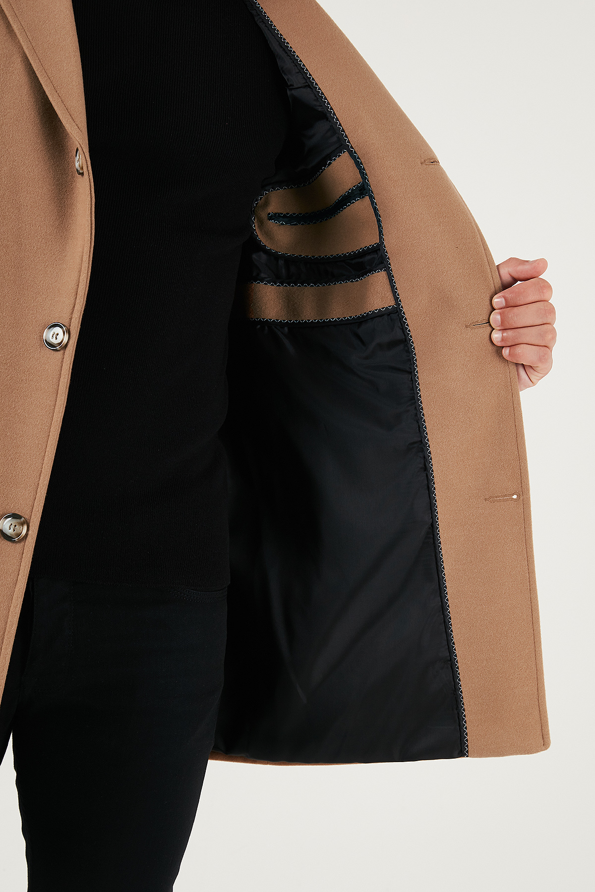 Slim Fit Tek Yırtmaçlı Düğmeli Mono Yaka Kaşe Kaban Erkek KABAN 5840098 — قهوه‌ای — تصویر 6 از 7