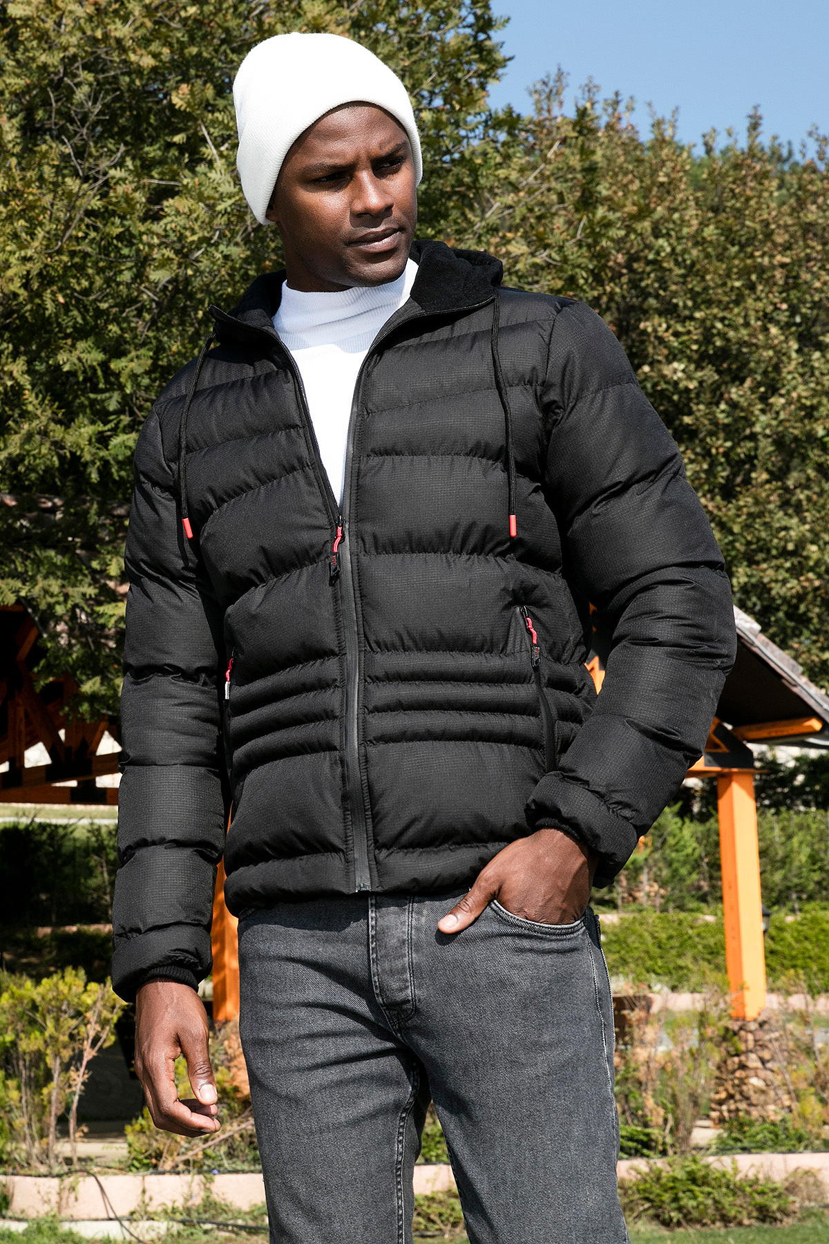 Kapüşonlu Fermuarlı Cepli Slim Fit Mont Erkek Mont 6490001 — مشکی — تصویر 2 از 7